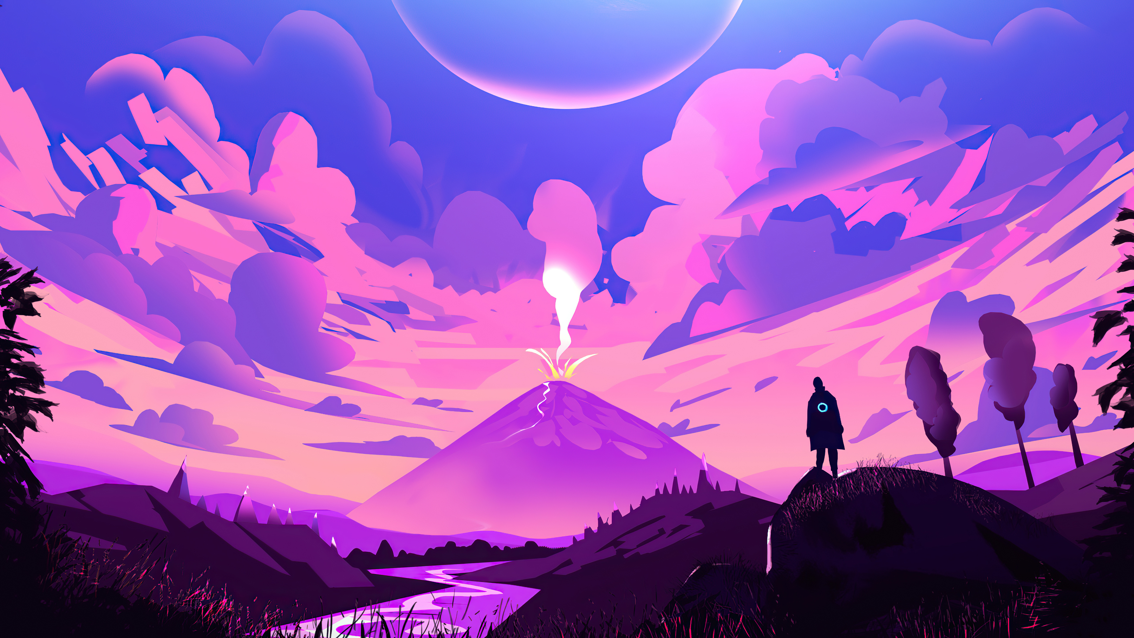 Volcano eruption with a lone figure watching HD Wallpaper