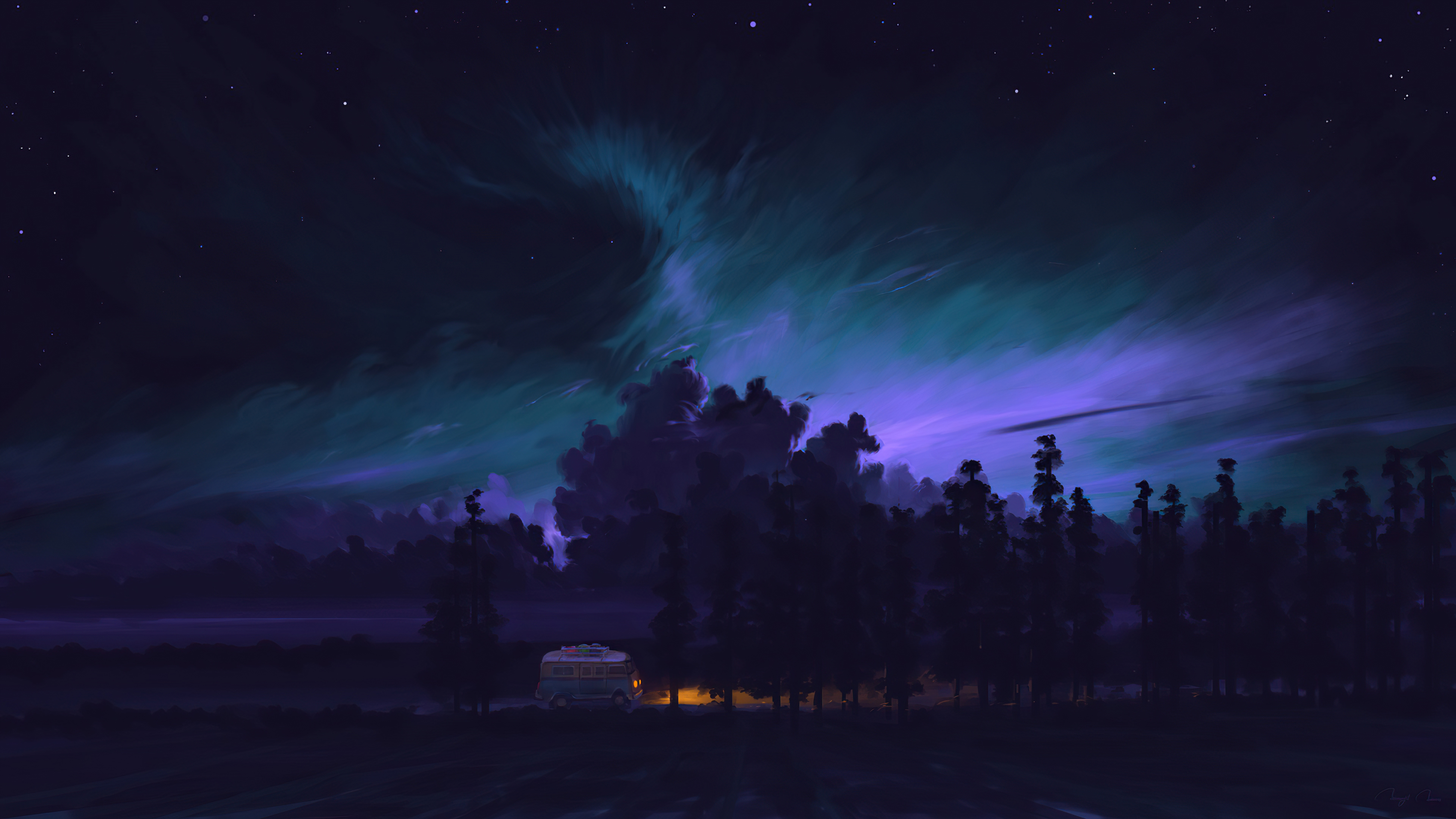 Digital art of a camper van under the aurora borealis HD Wallpaper