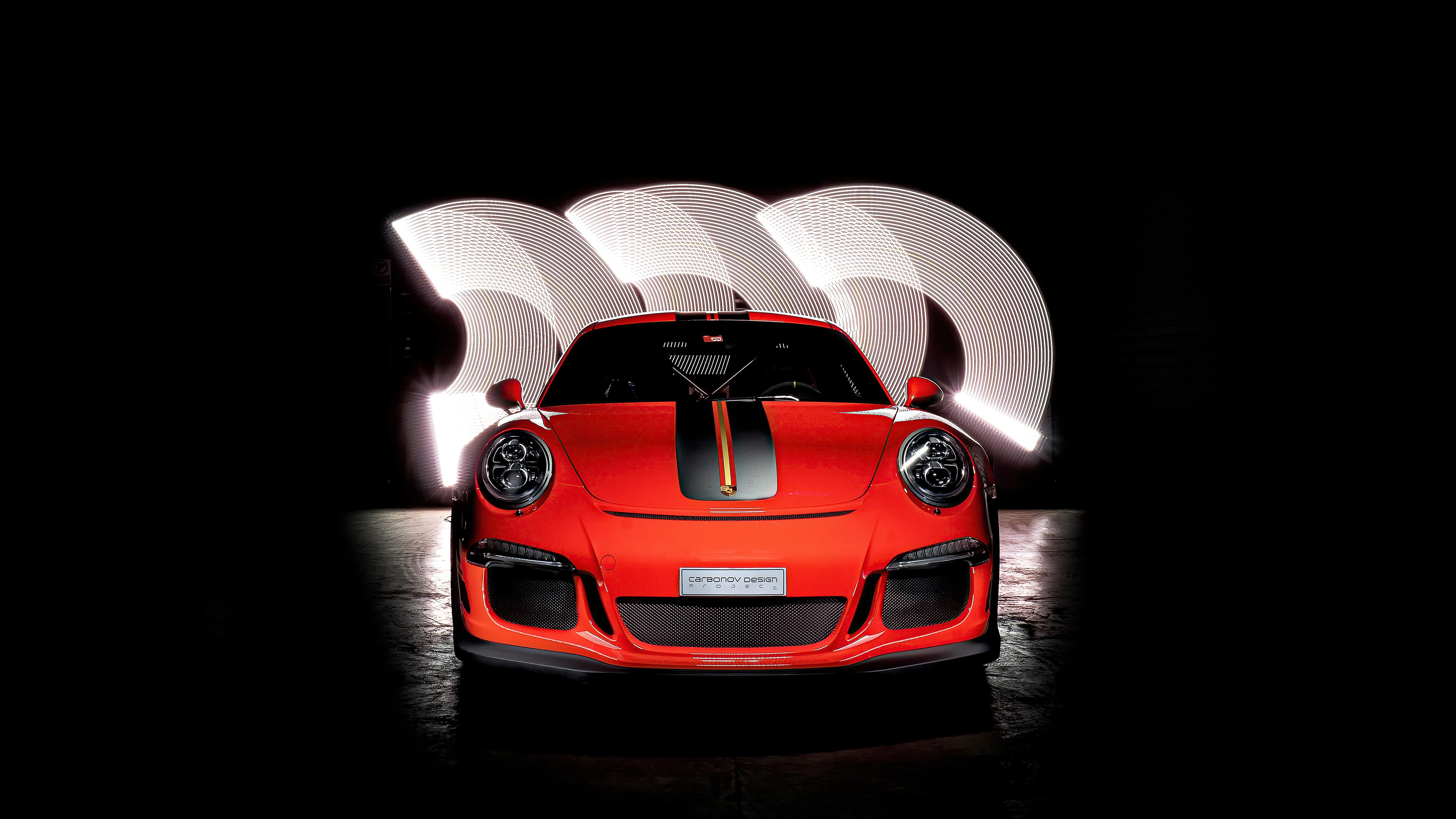 Red Porsche GT3 with racing stripes HD Wallpaper