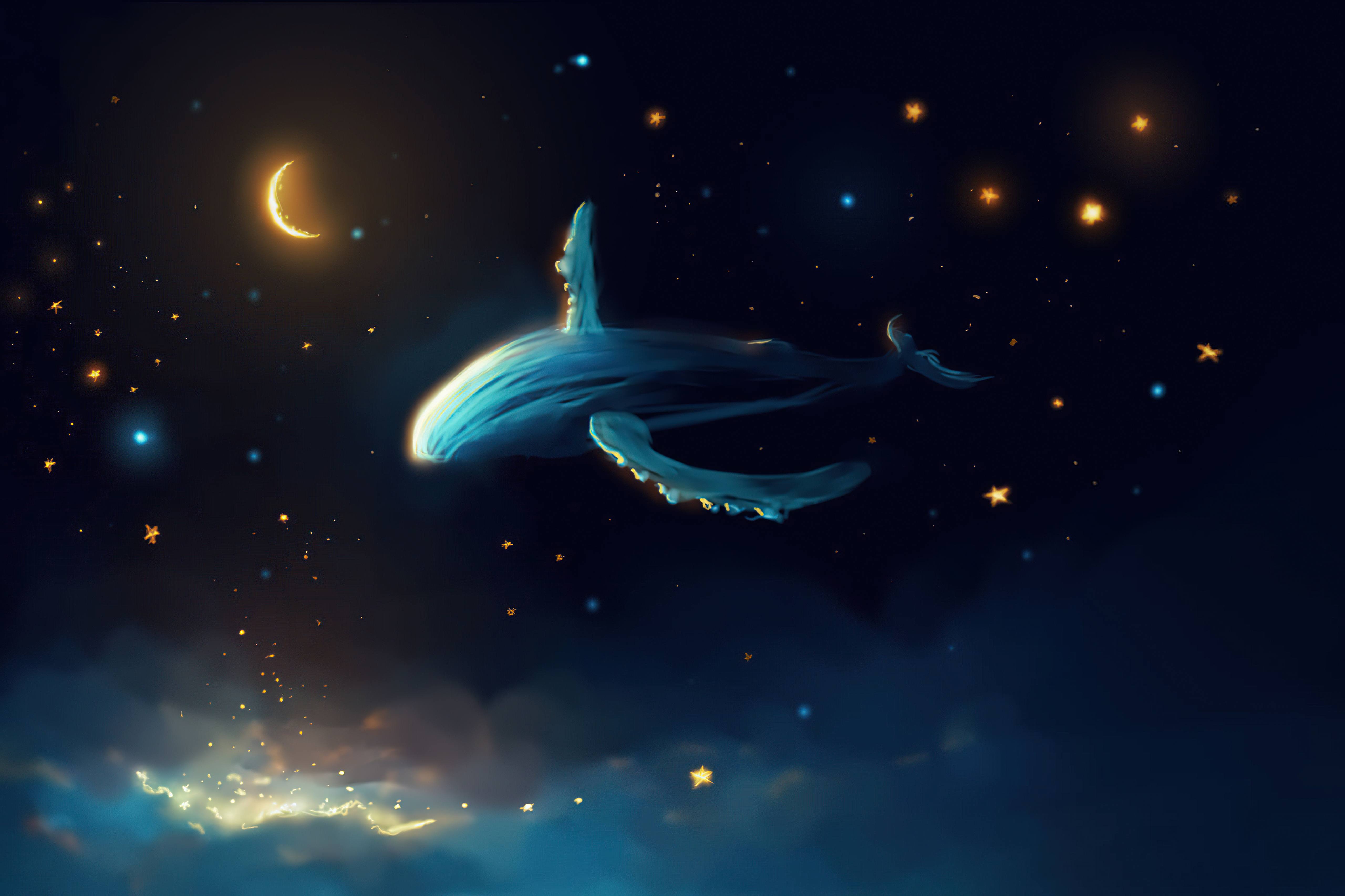 Whale swimming in starry night sky with moon HD Wallpaper
