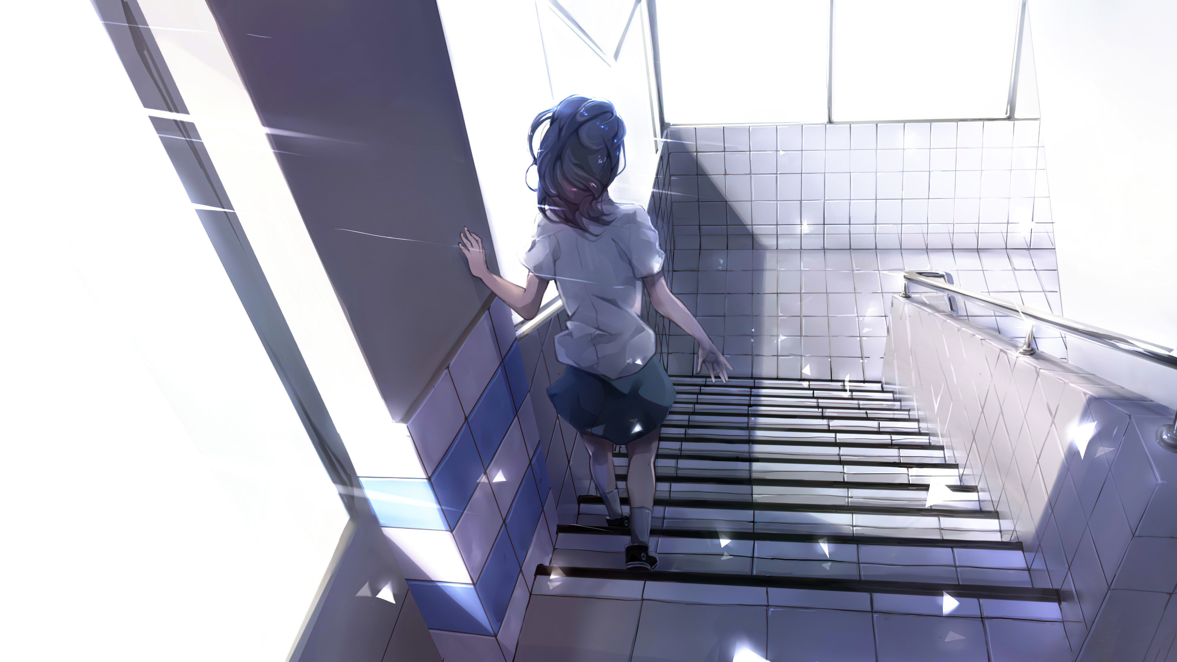 Anime girl walking up tiled stairs HD Wallpaper