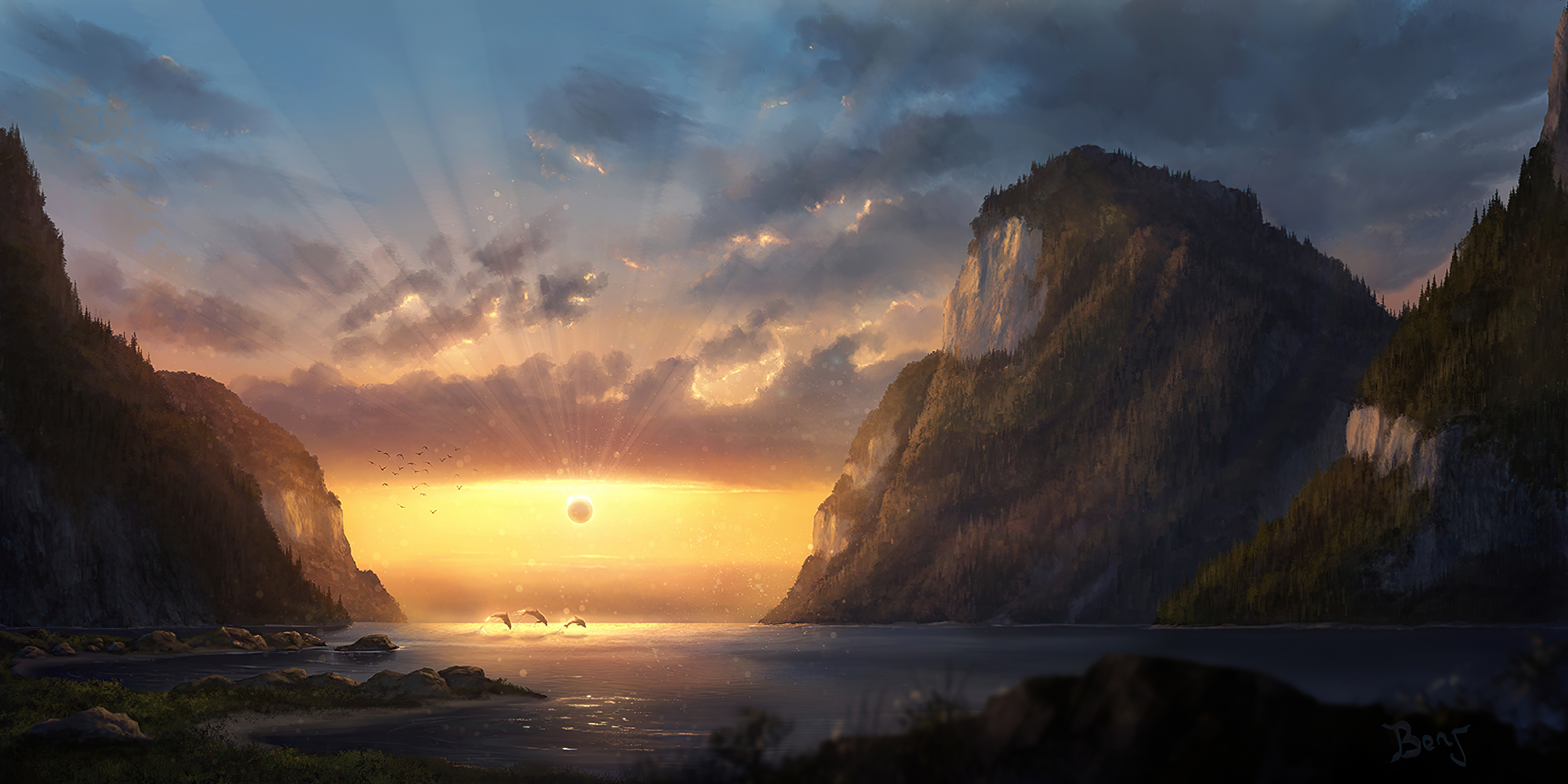 Digital art of a mountain landscape at sunset HD Wallpaper