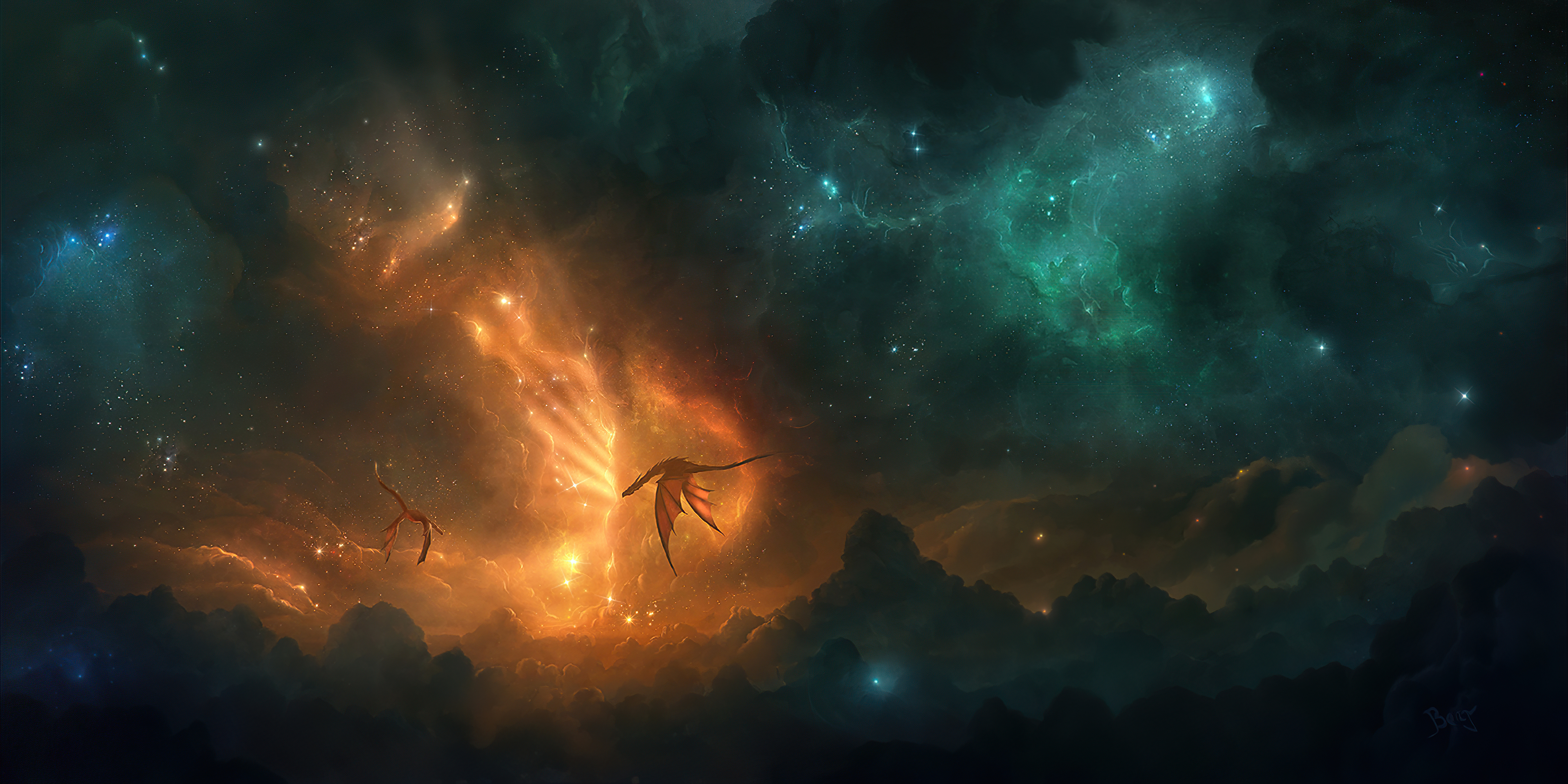 Digital artwork of dragons in a nebula HD Wallpaper