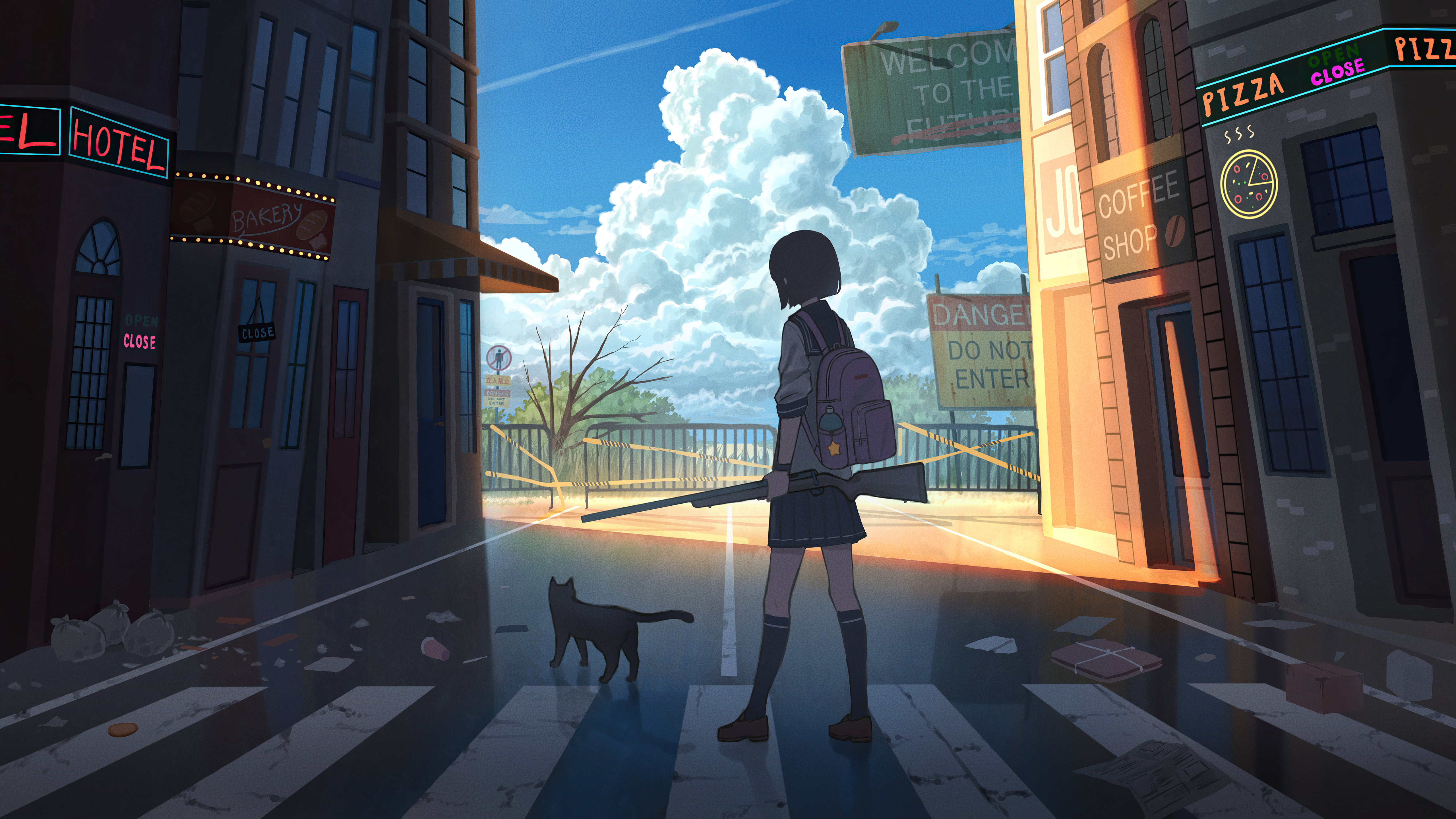 Anime girl with shotgun and cat in abandoned city HD Wallpaper