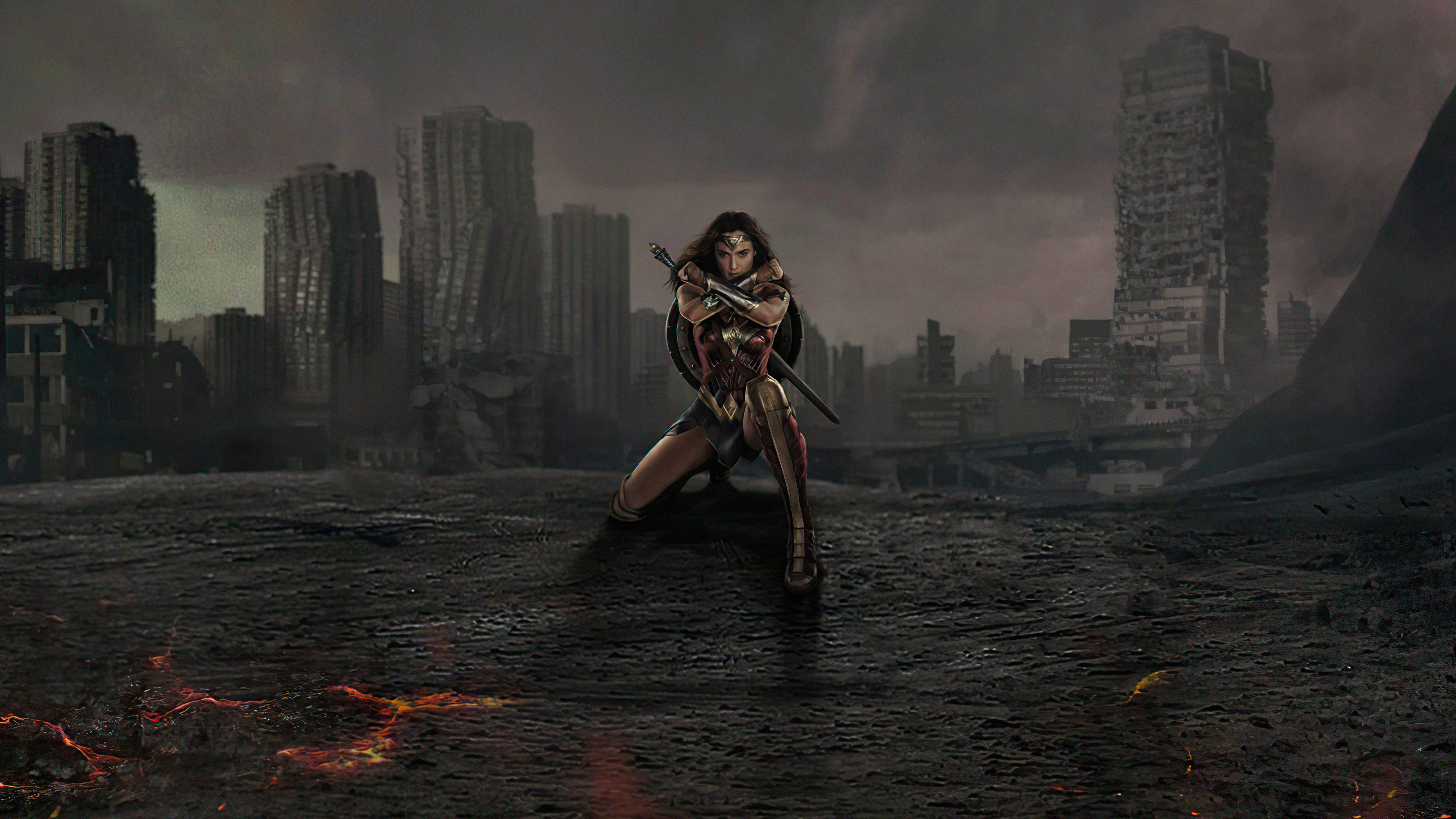 Wonder Woman in a destroyed city HD Wallpaper
