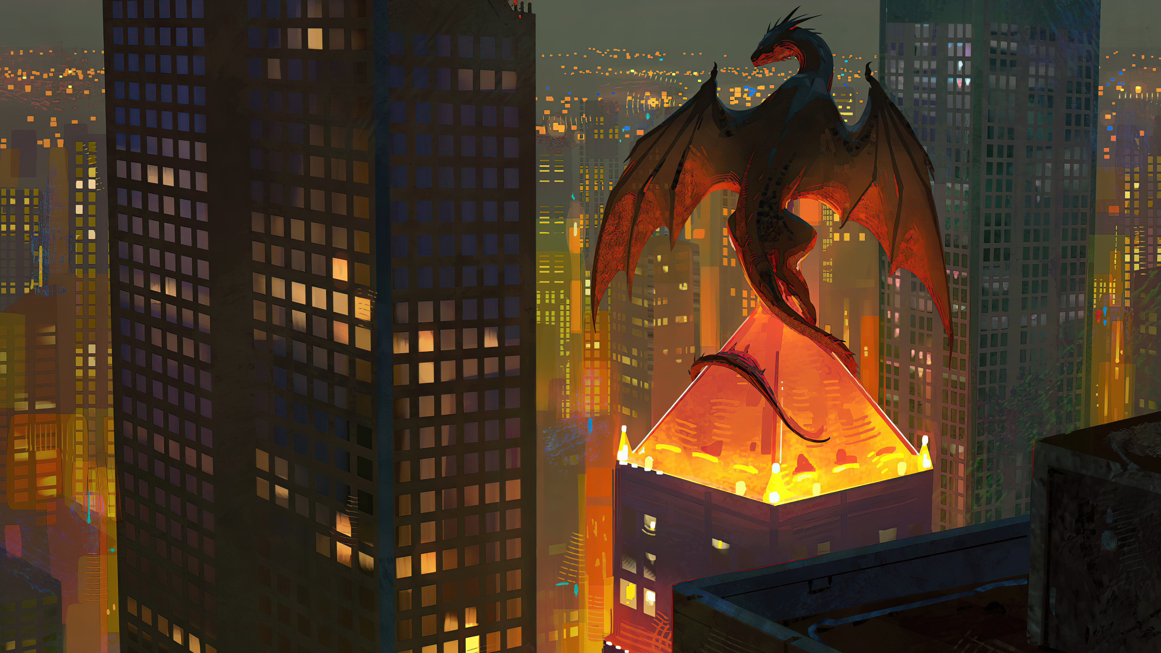 Dragon perched on a skyscraper in a city at night HD Wallpaper