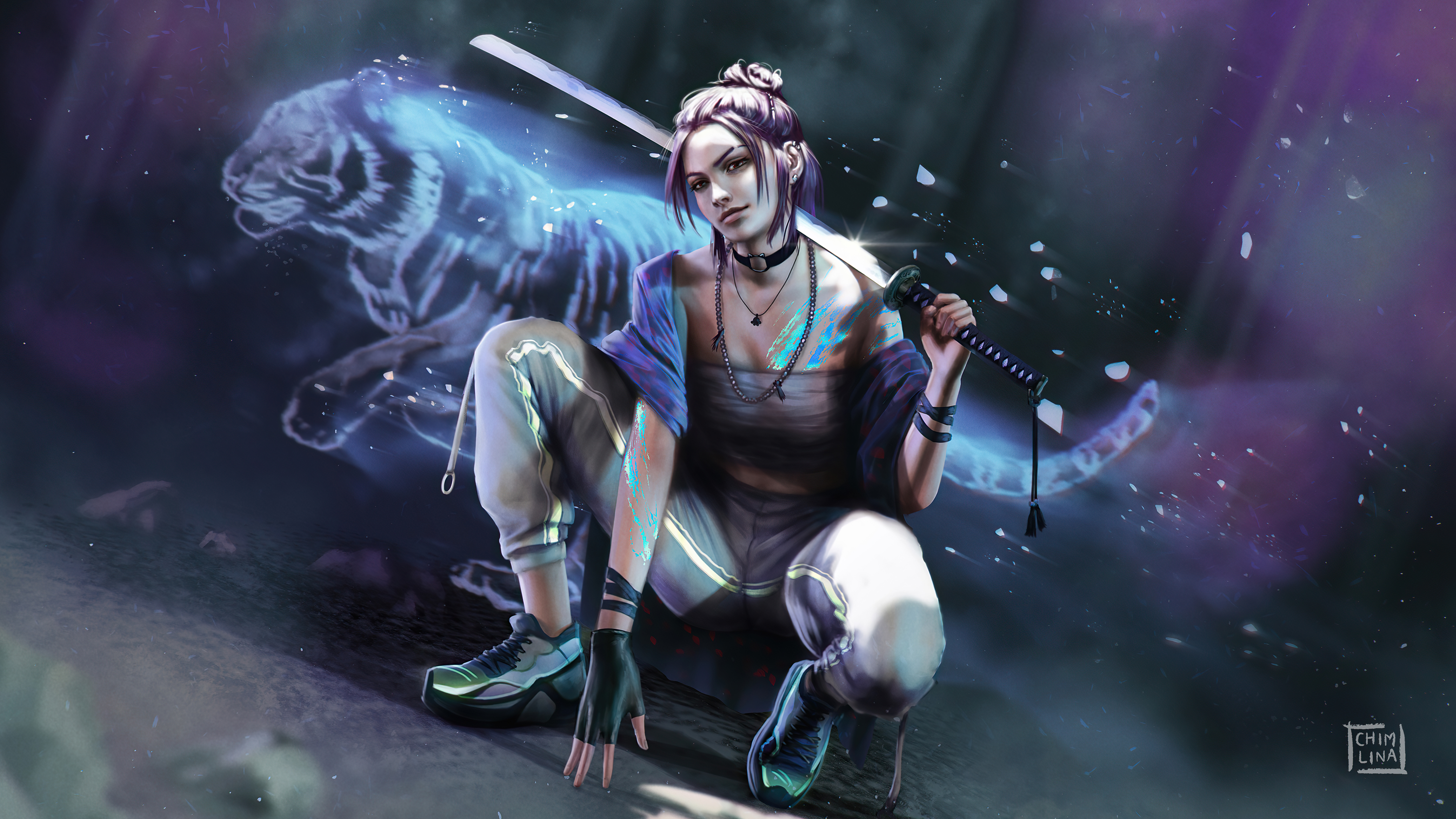 Warrior with a sword and a spirit tiger HD Wallpaper