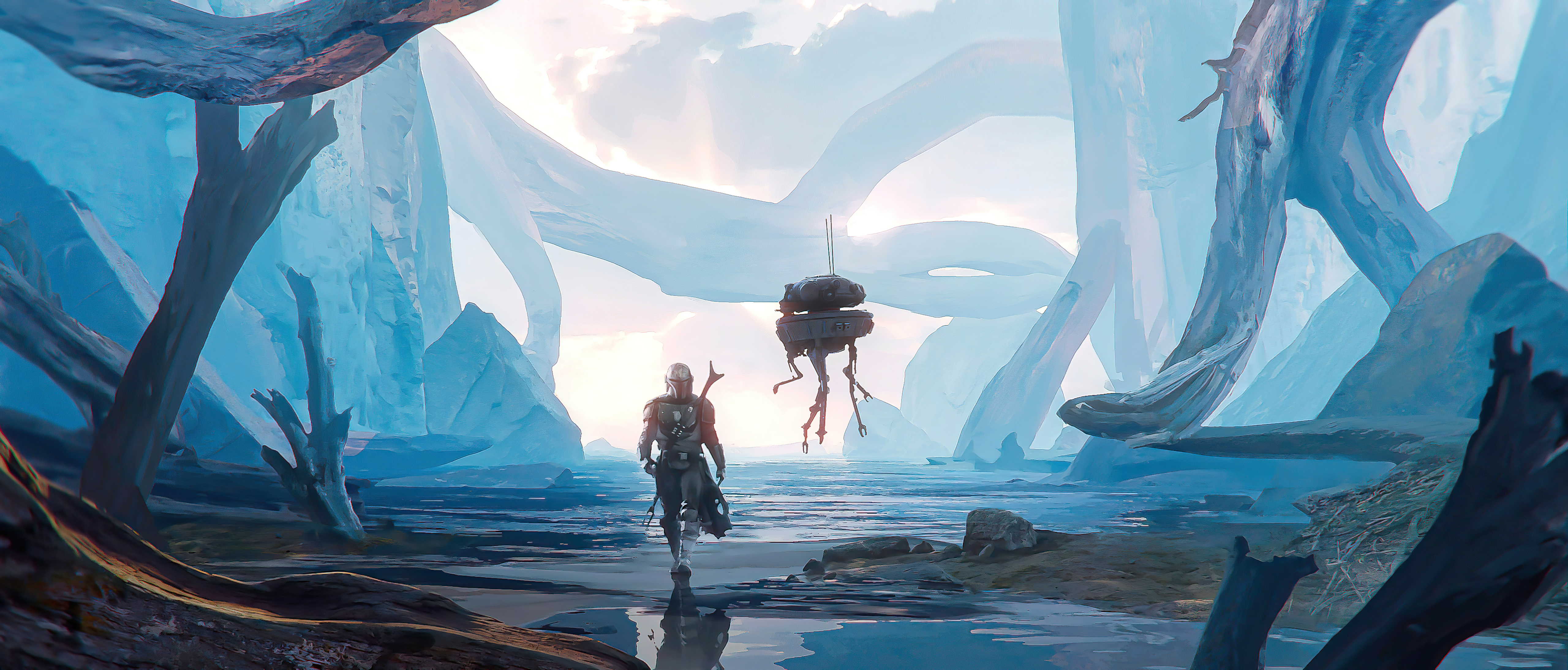 The Mandalorian and IG-11 on an alien planet HD Wallpaper
