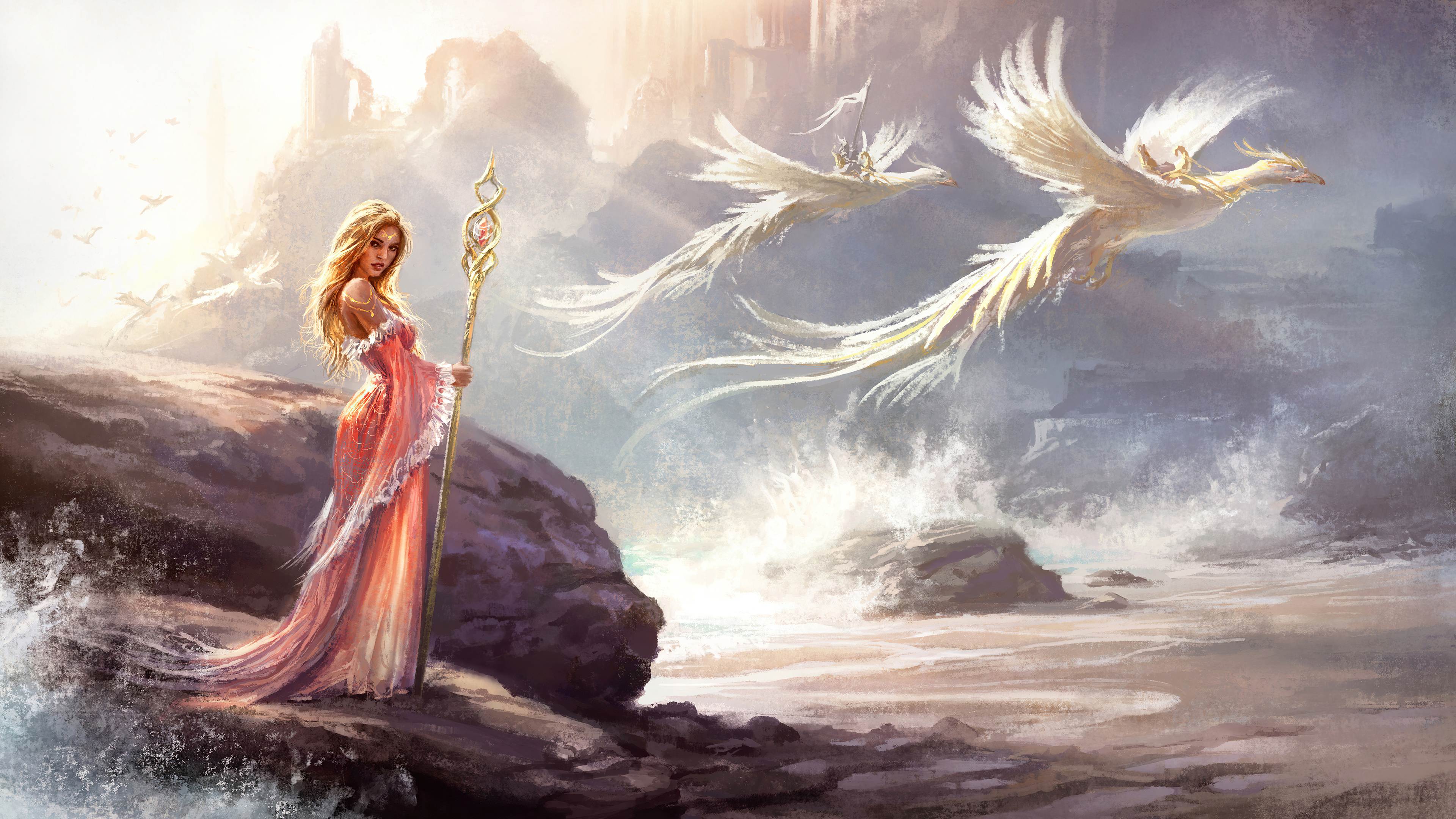 Woman with staff and flying dragons in fantasy landscape HD Wallpaper