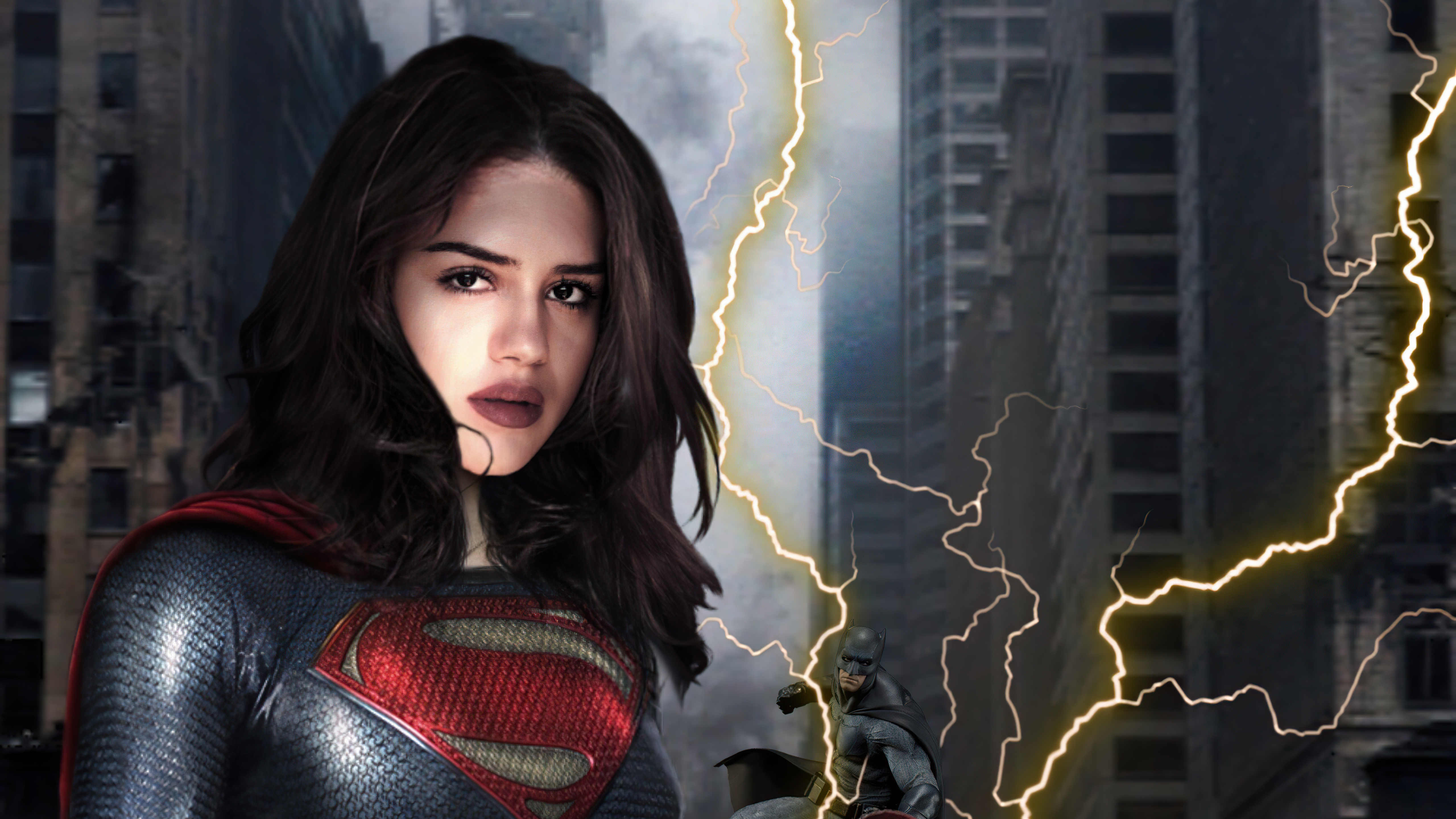 Sasha Calle as Supergirl with Batman in a ruined city HD Wallpaper