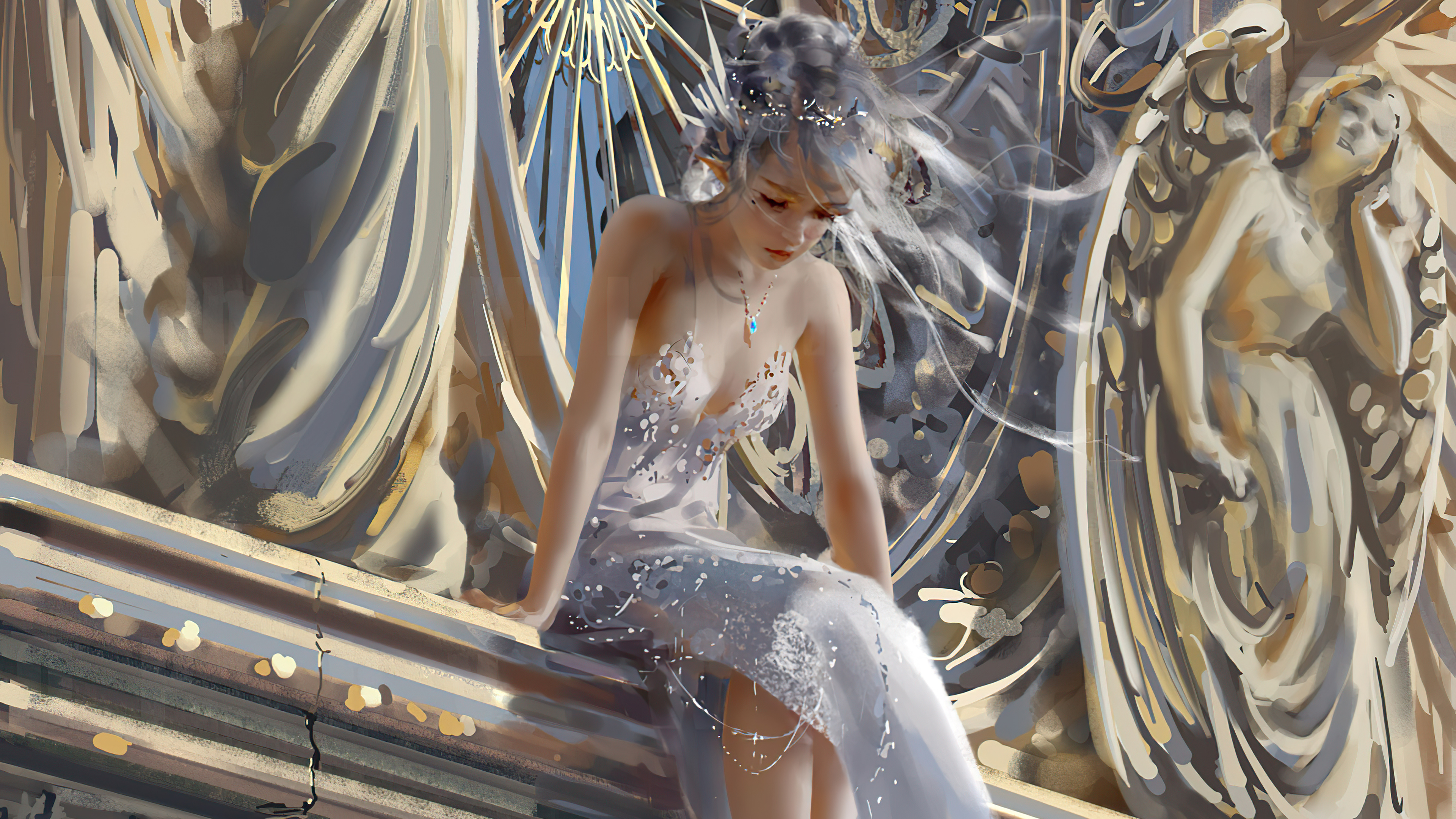 Artwork of a sad elf queen in a white dress HD Wallpaper