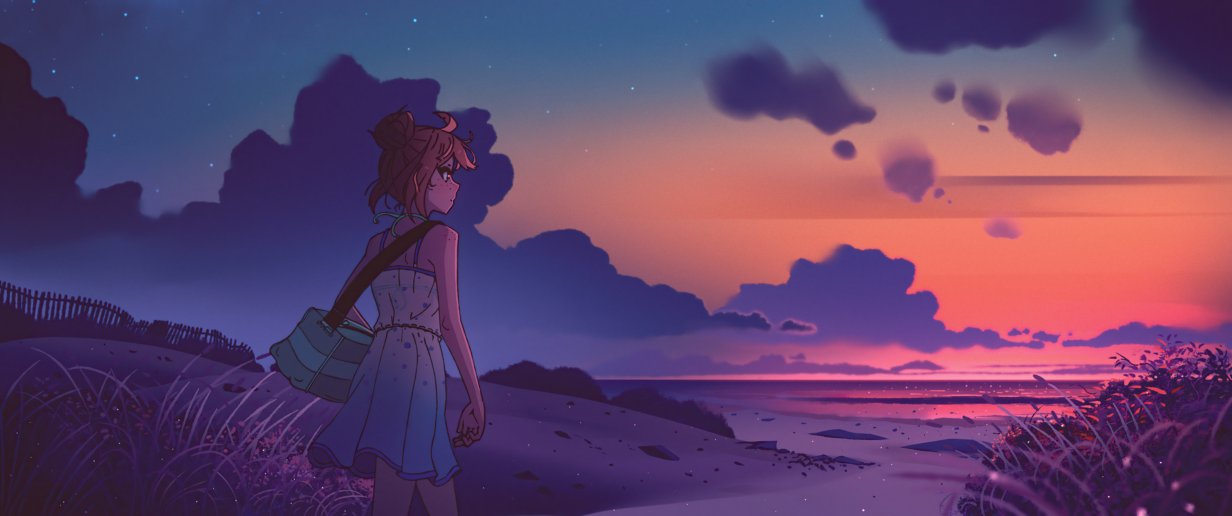 Anime girl on a beach at sunset HD Wallpaper