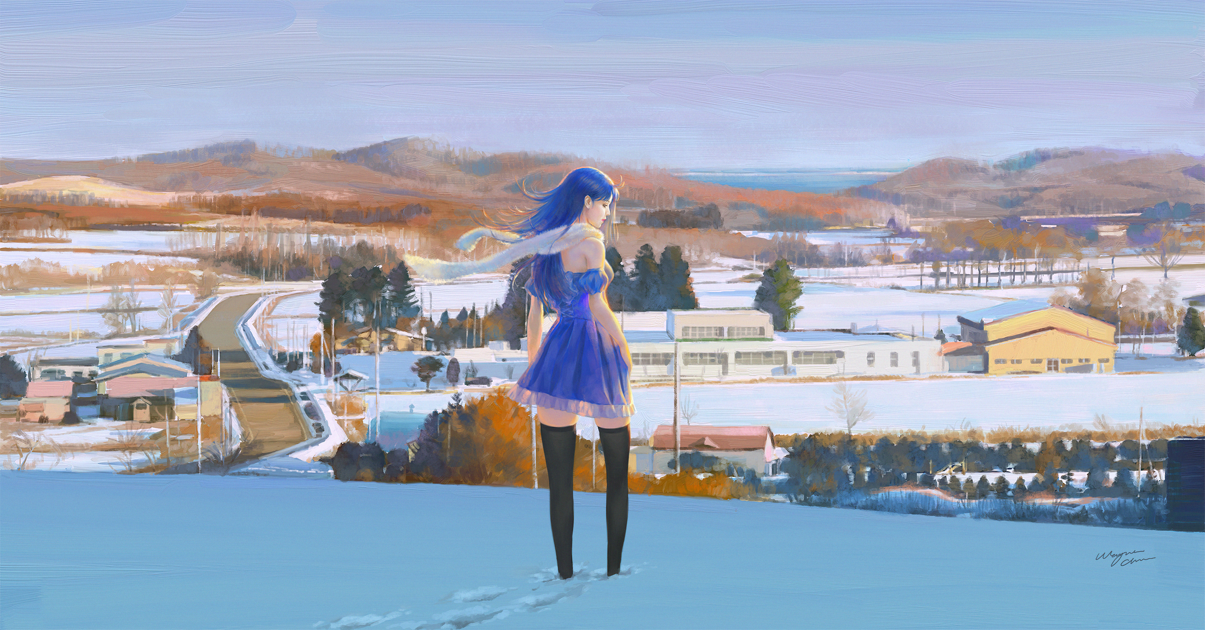Anime girl in blue dress in snowy landscape HD Wallpaper