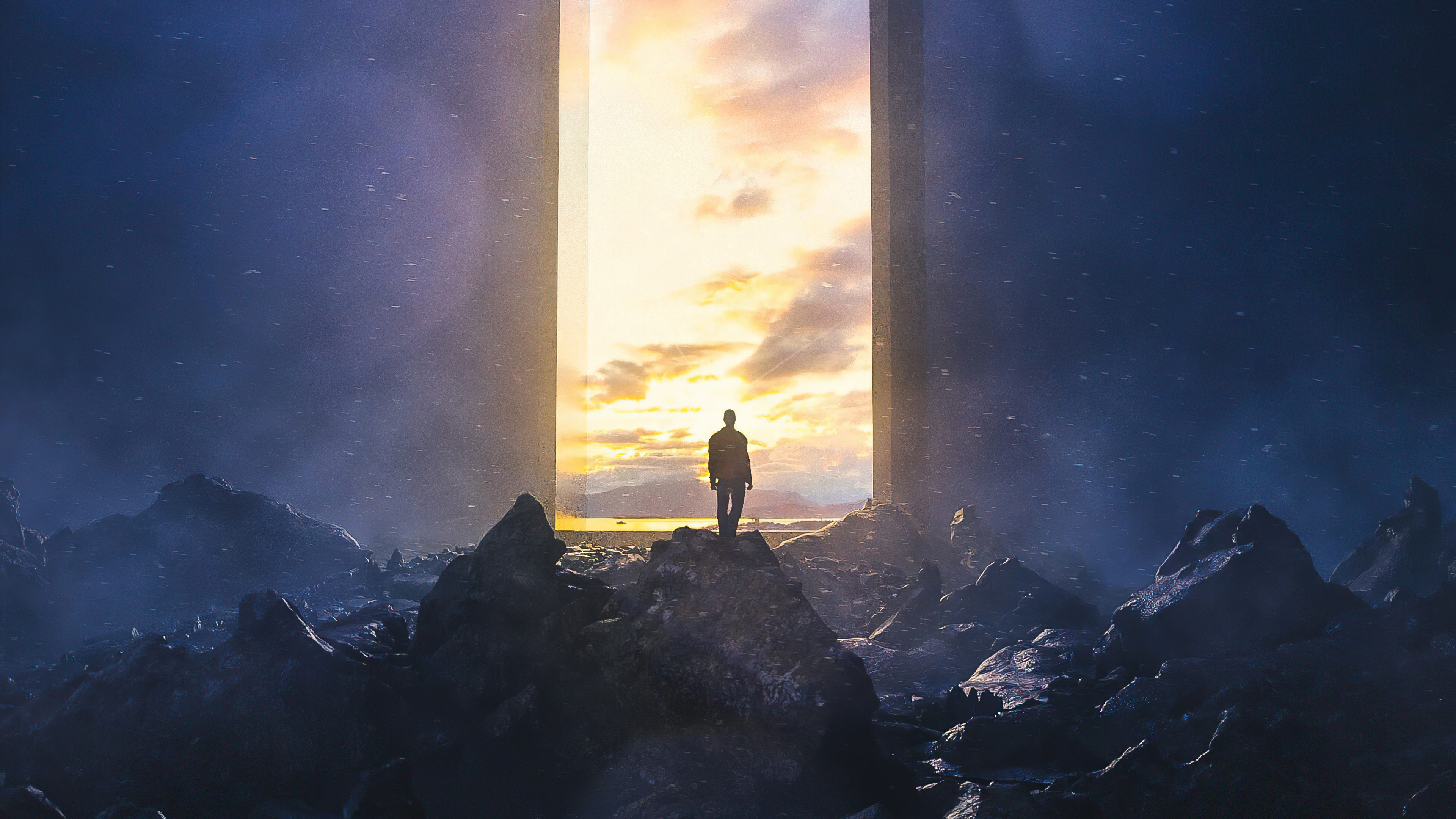 Man standing before a glowing portal in a rocky landscape HD Wallpaper