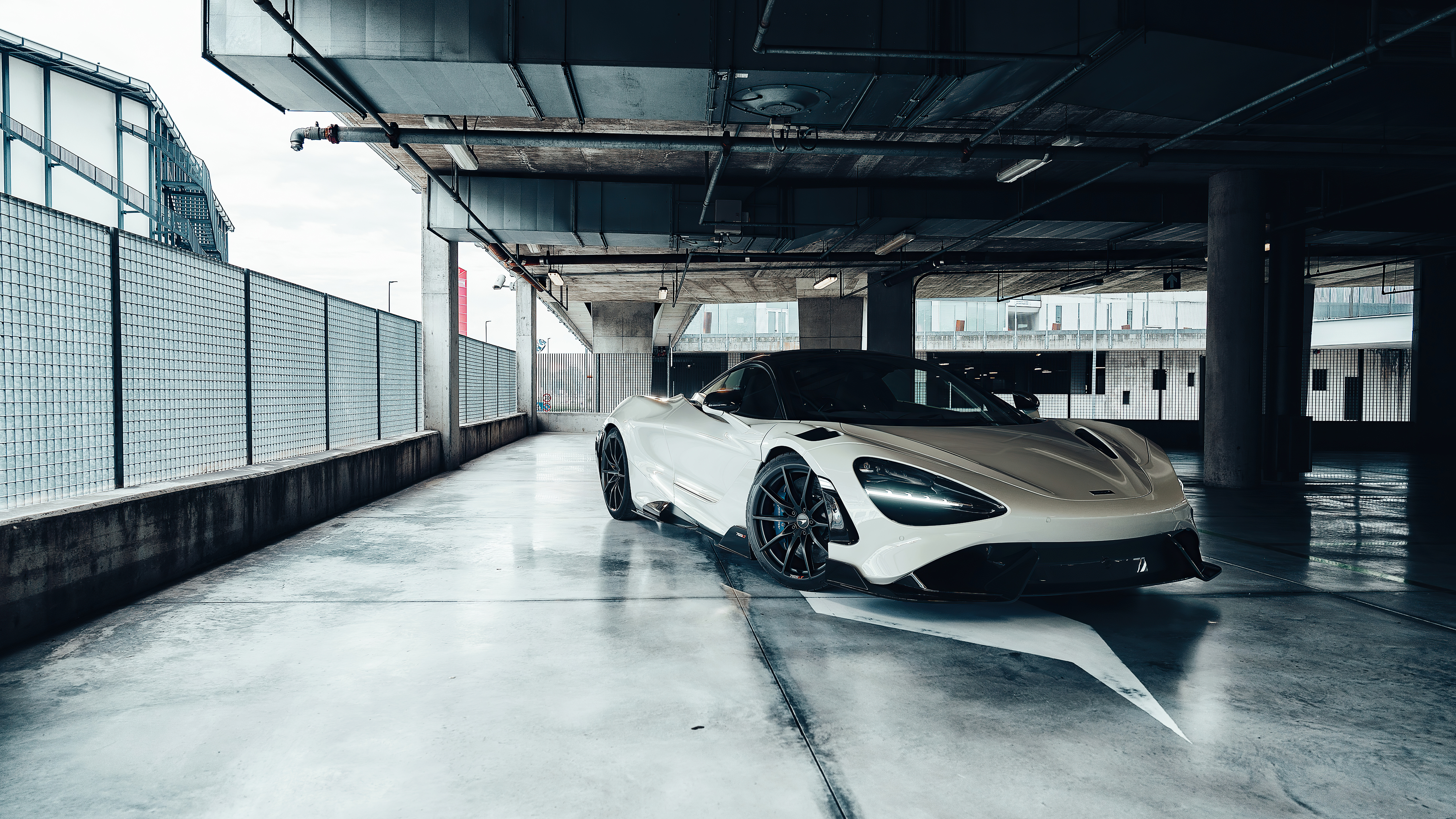 White McLaren 765LT in a parking garage HD Wallpaper