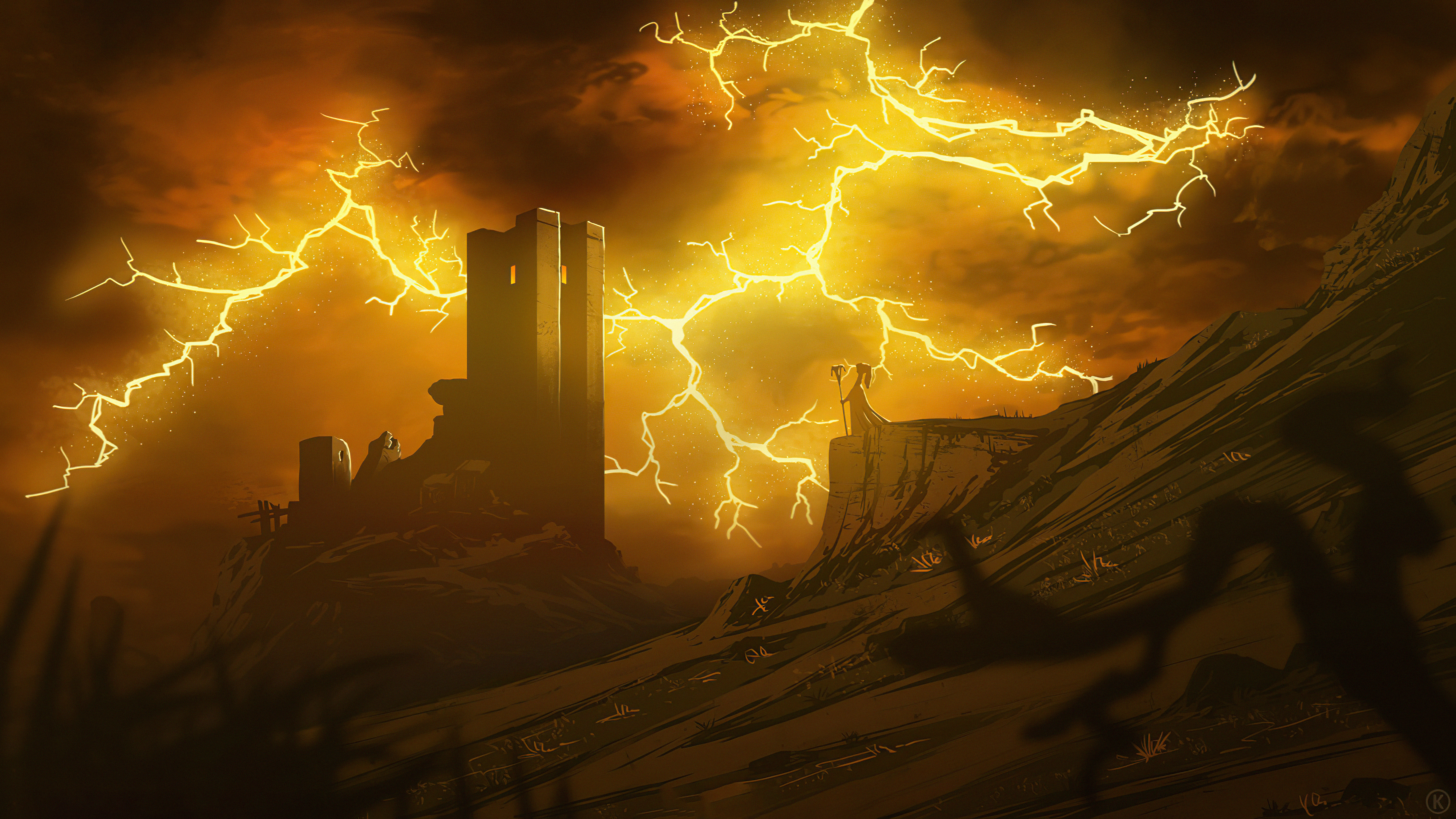 Castle ruins under a lightning storm HD Wallpaper