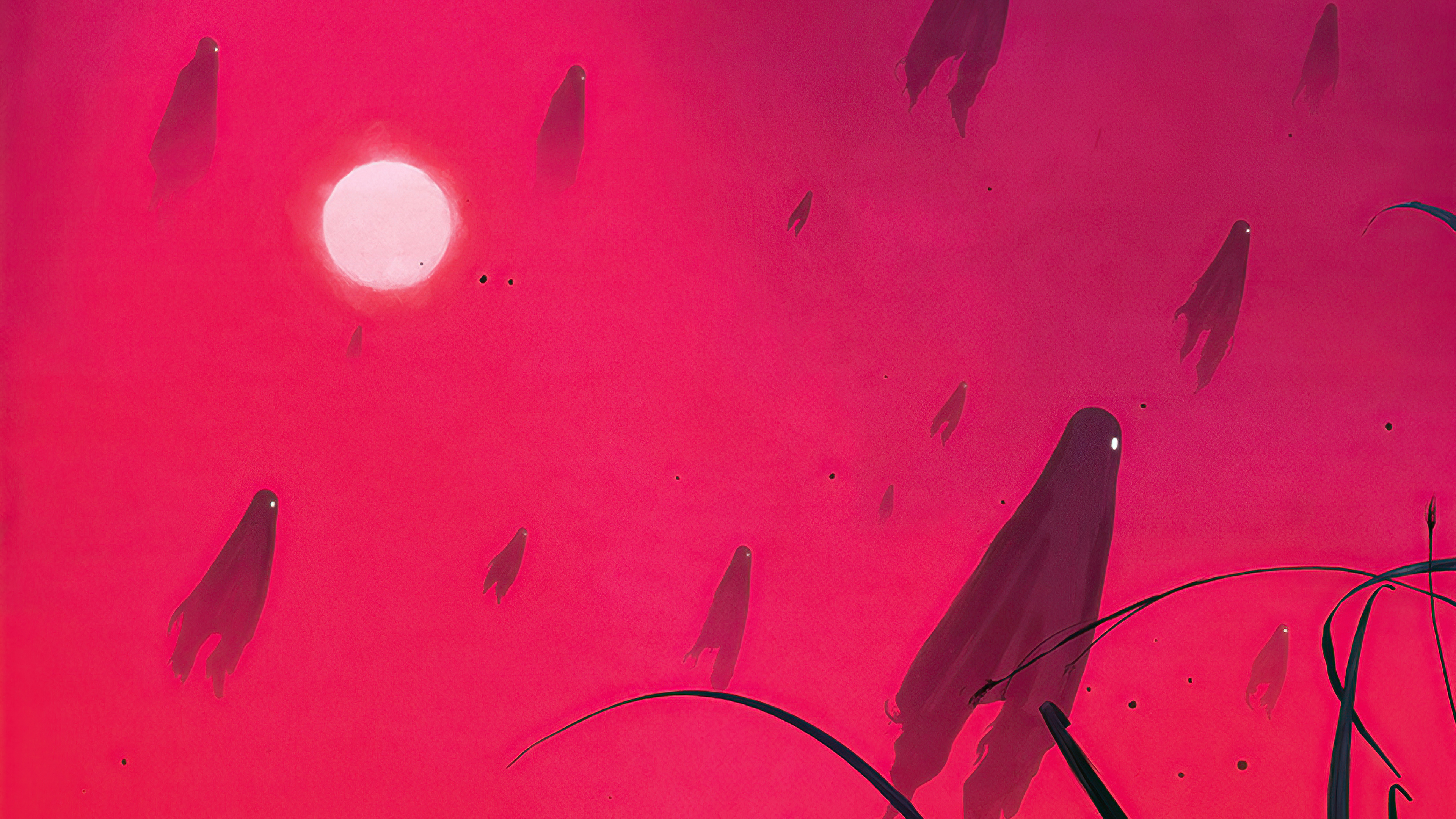 Ghosts in a pink sky with a bright moon HD Wallpaper