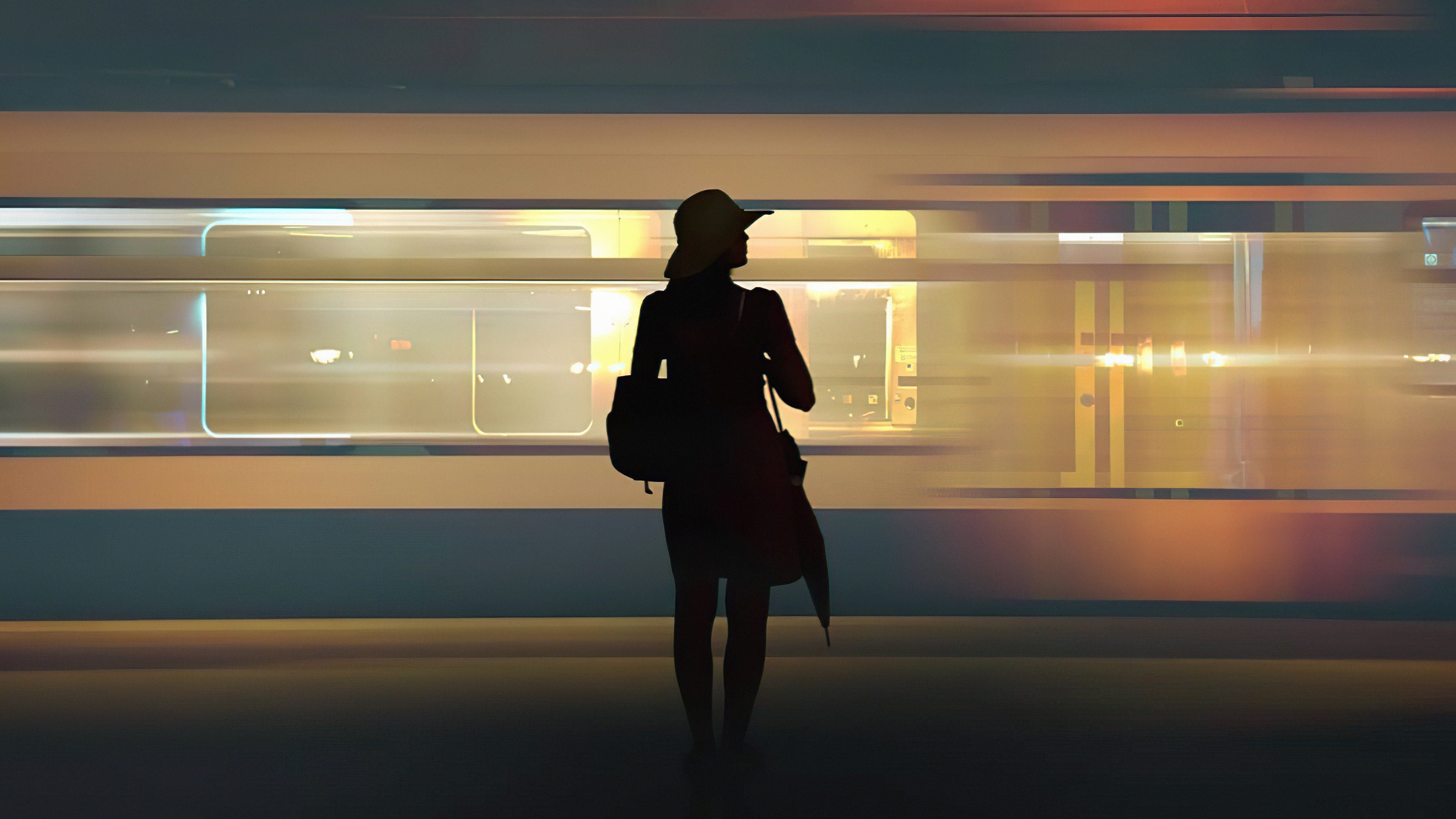 Silhouette of a person with a hat and backpack HD Wallpaper