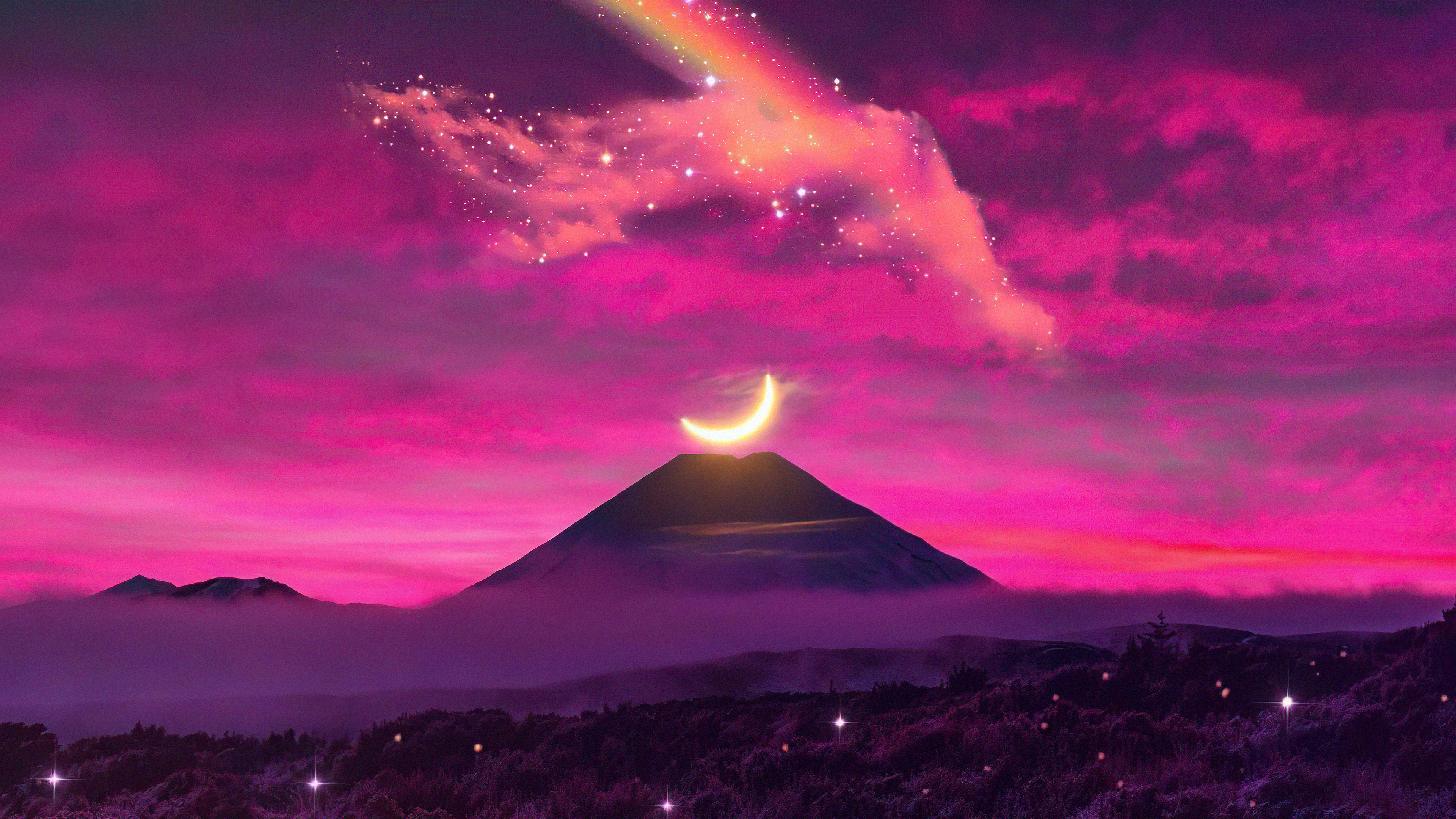 Digital Art 4K Mountain Moon Rainbow Clouds HD Wallpaper