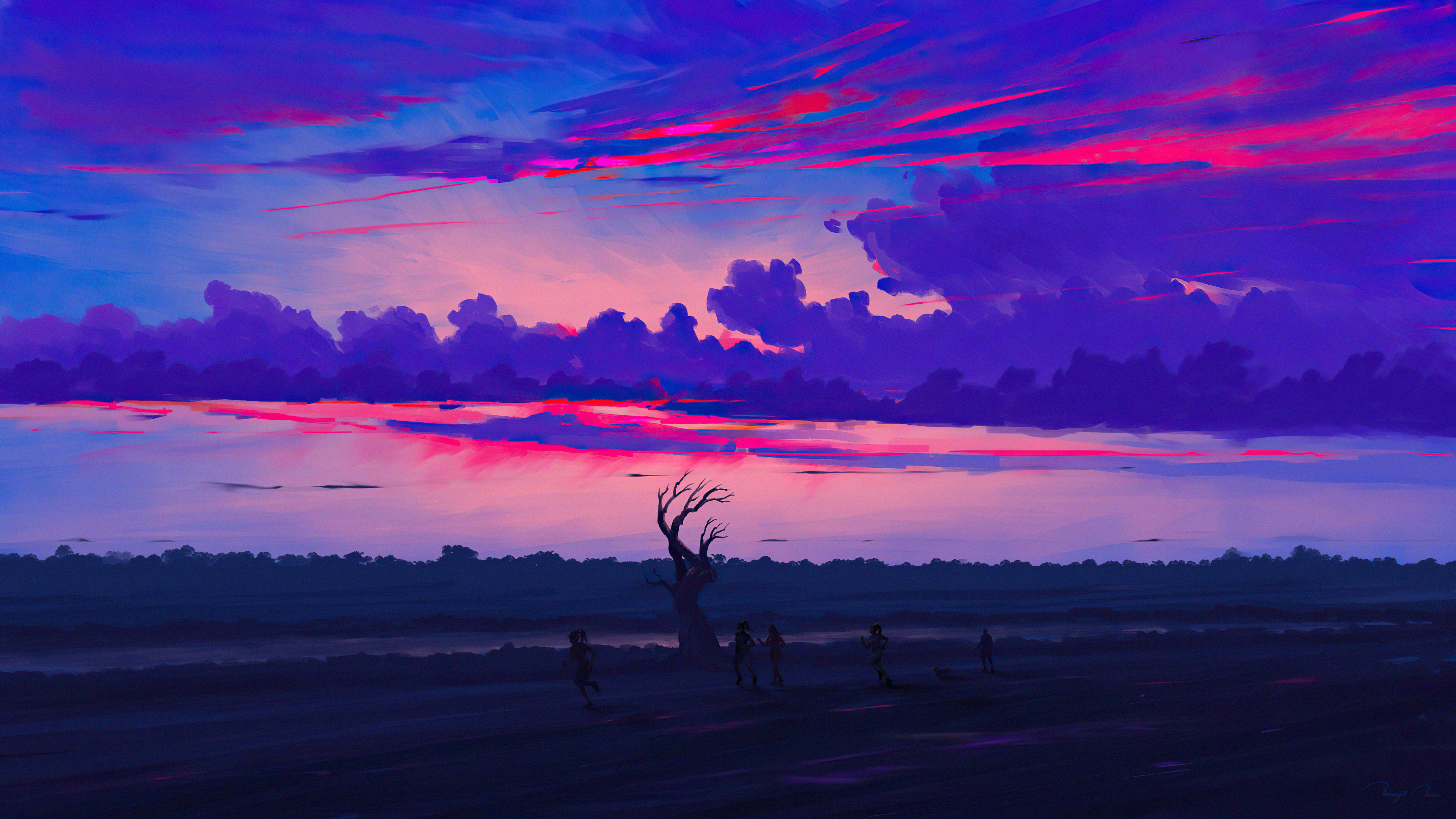 Digital art of a sunset with figures and a tree HD Wallpaper