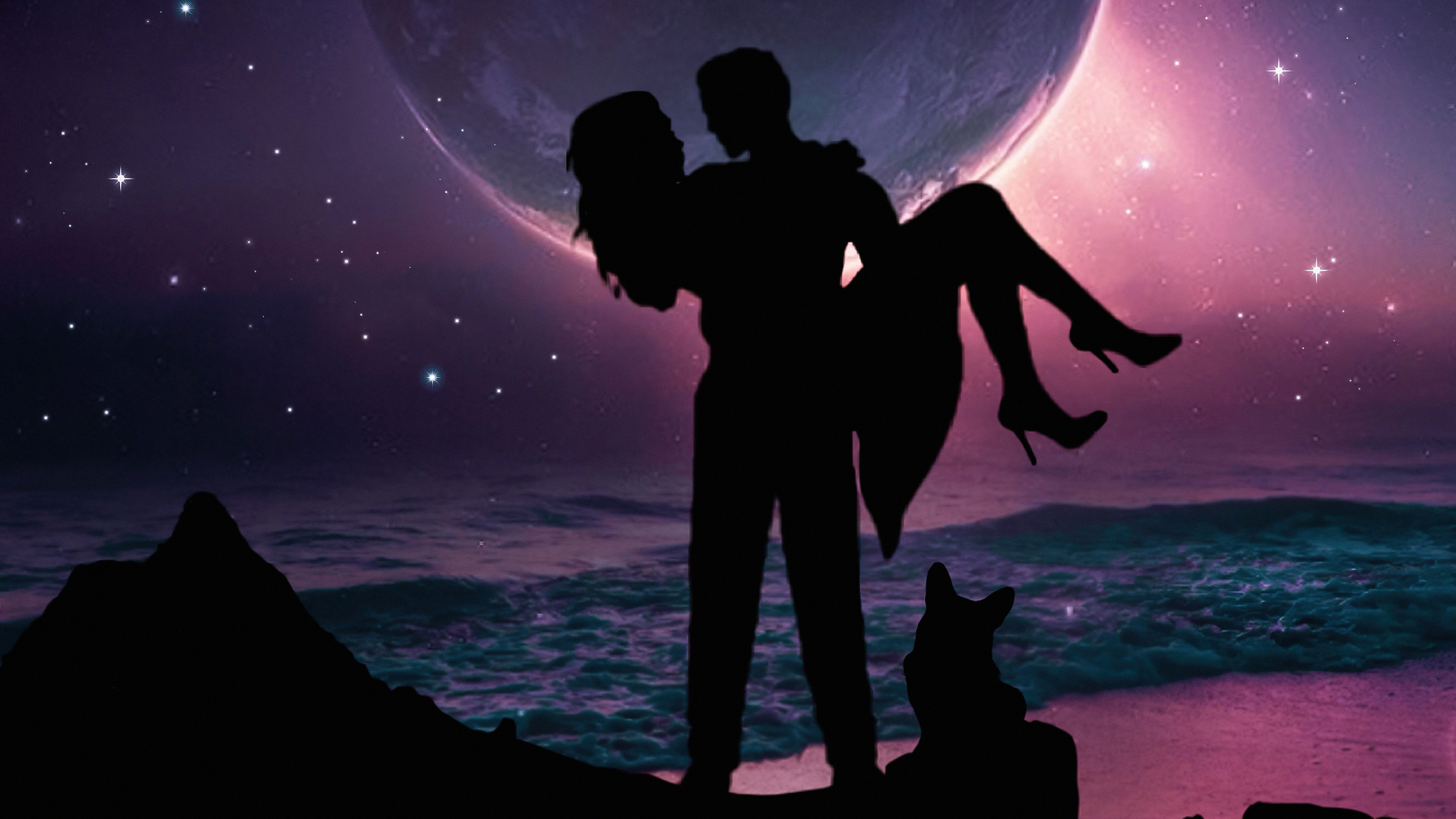Couple silhouetted against a large moon and starry sky HD Wallpaper