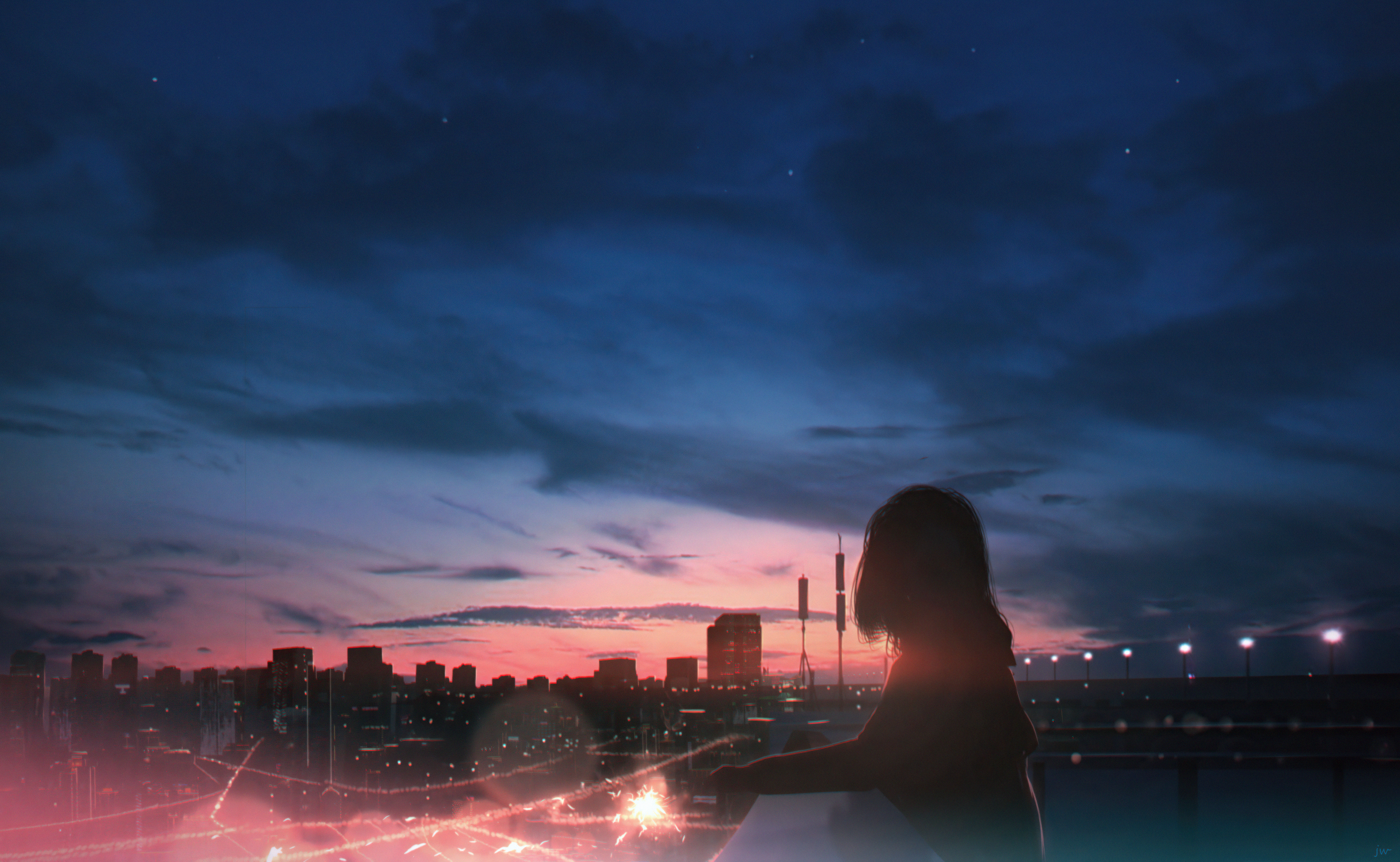 Anime girl watching city skyline at dusk HD Wallpaper