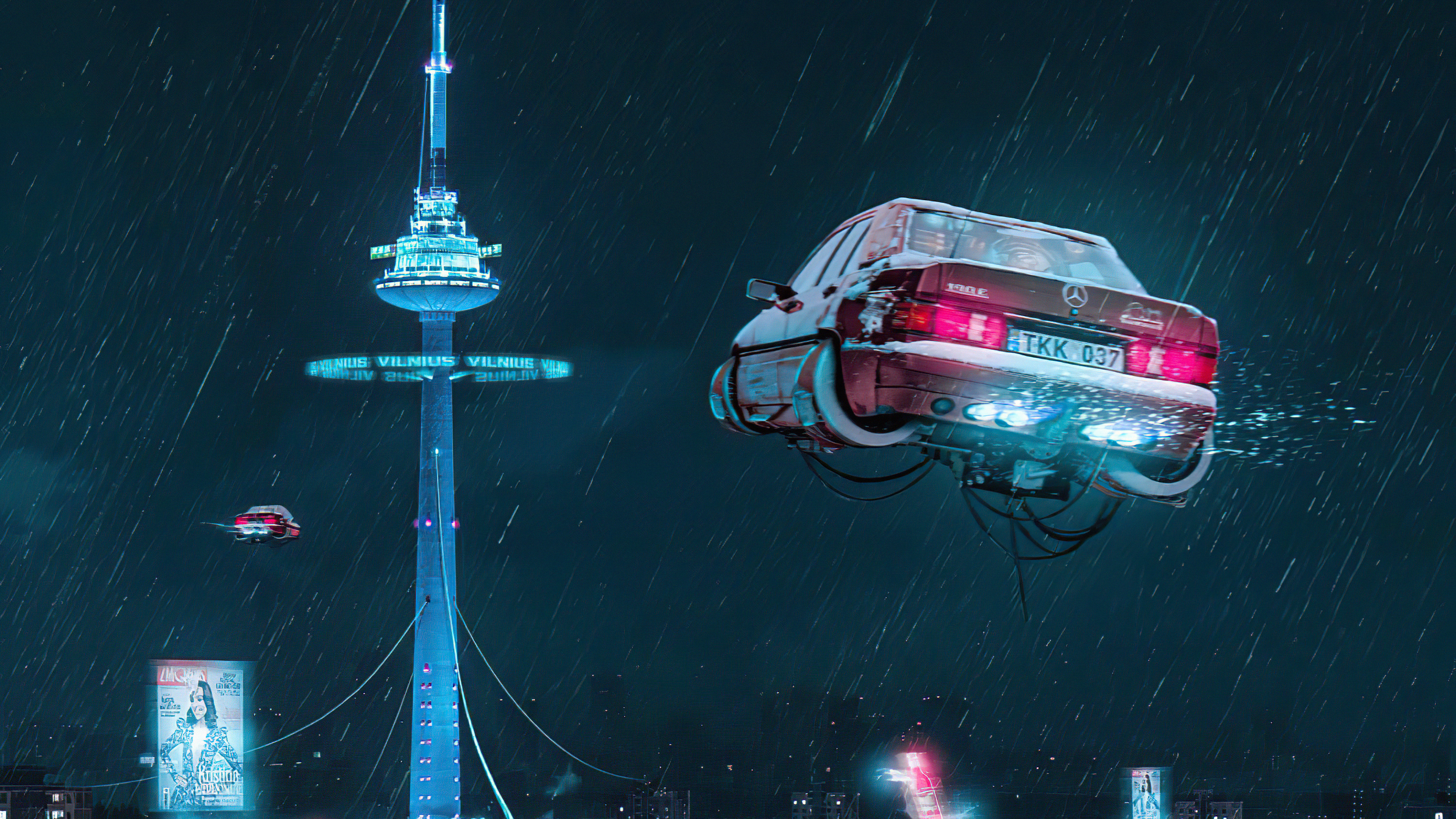 Flying Mercedes 190E in futuristic Vilnius HD Wallpaper