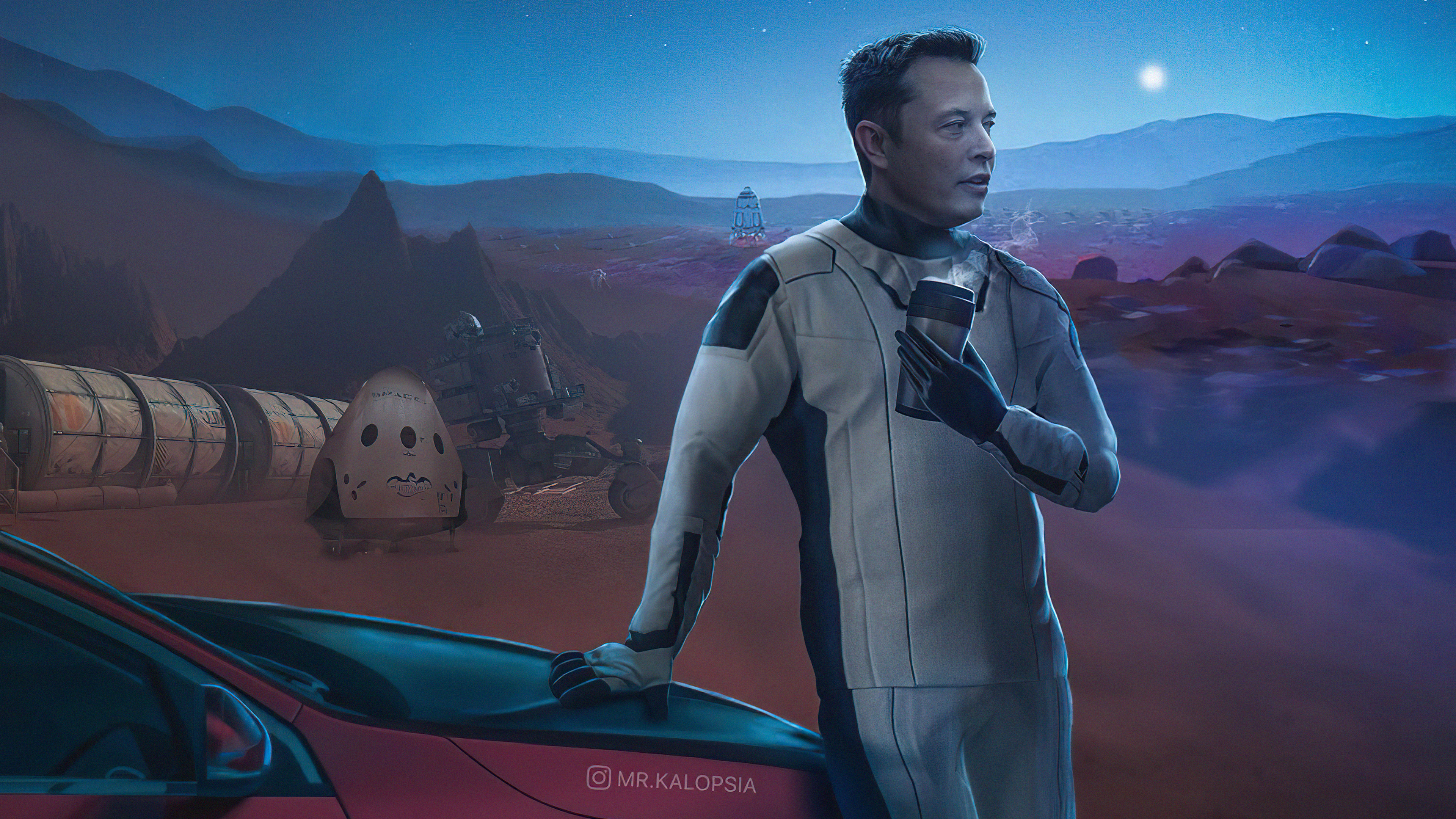 Elon Musk in a SpaceX suit on Mars with Starship HD Wallpaper