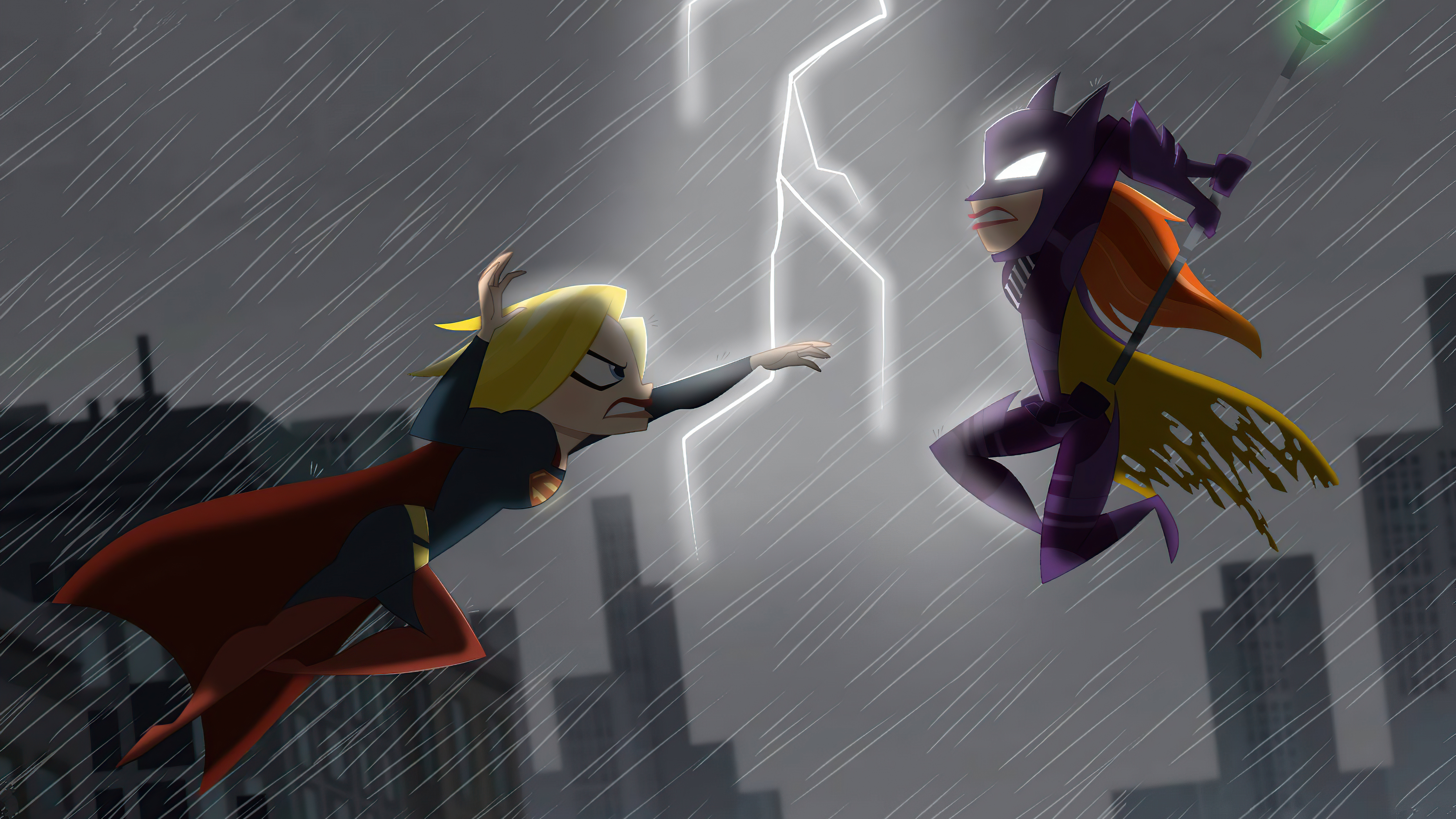 Supergirl and Batgirl fighting in a thunderstorm HD Wallpaper