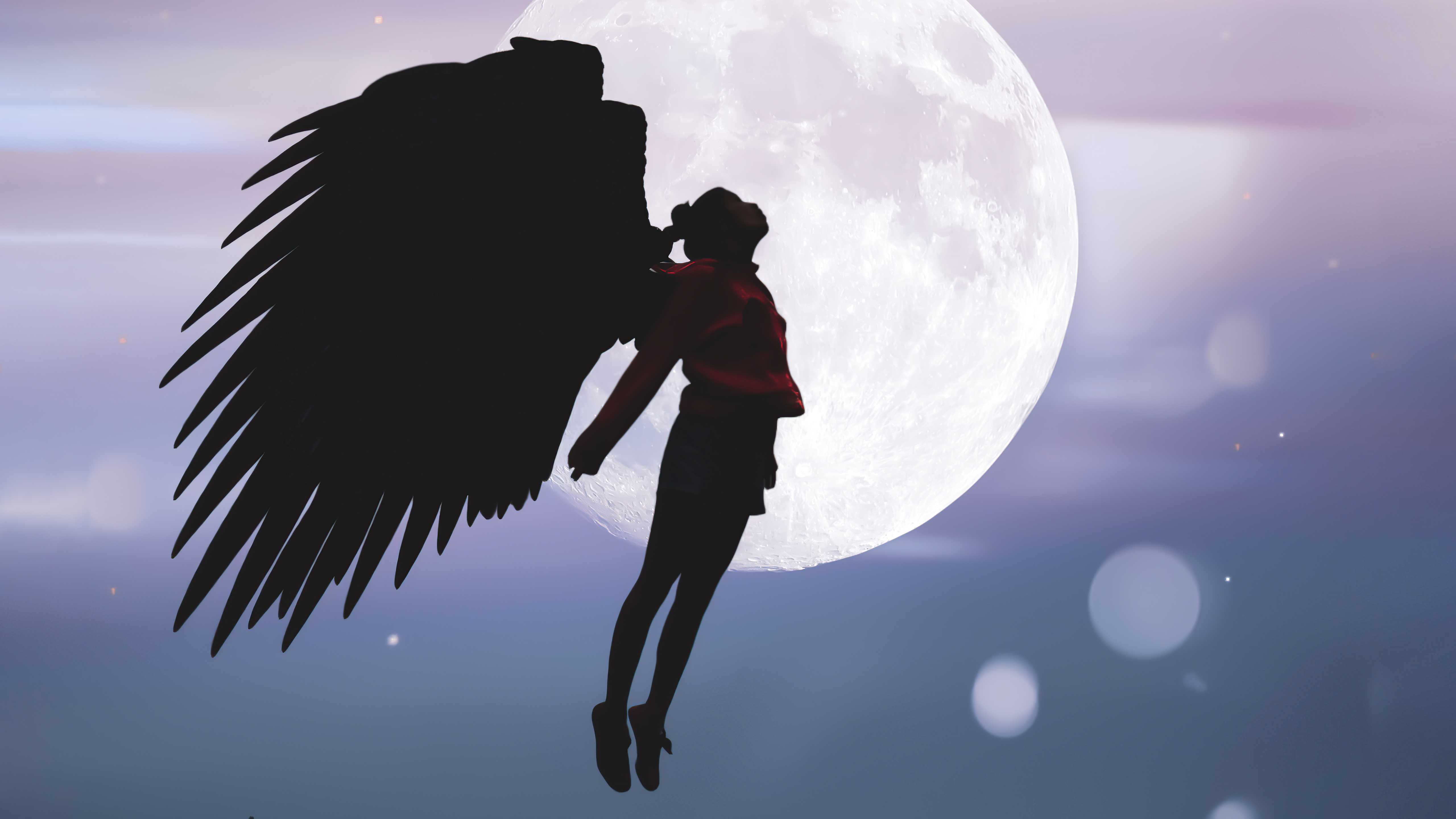Silhouette of an angel with wings against a large moon HD Wallpaper