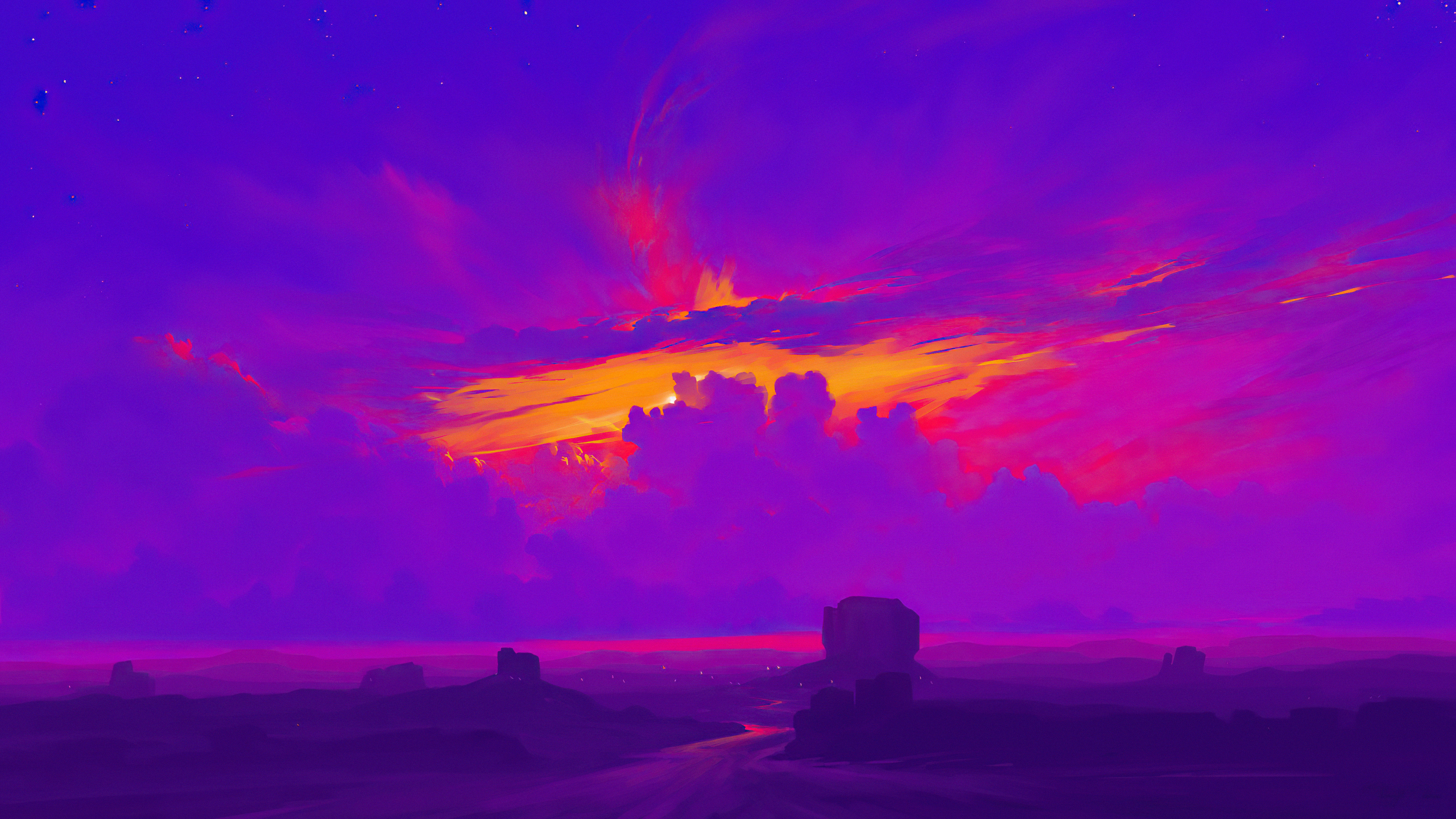 Digital art of a vibrant sunset over a desert landscape HD Wallpaper