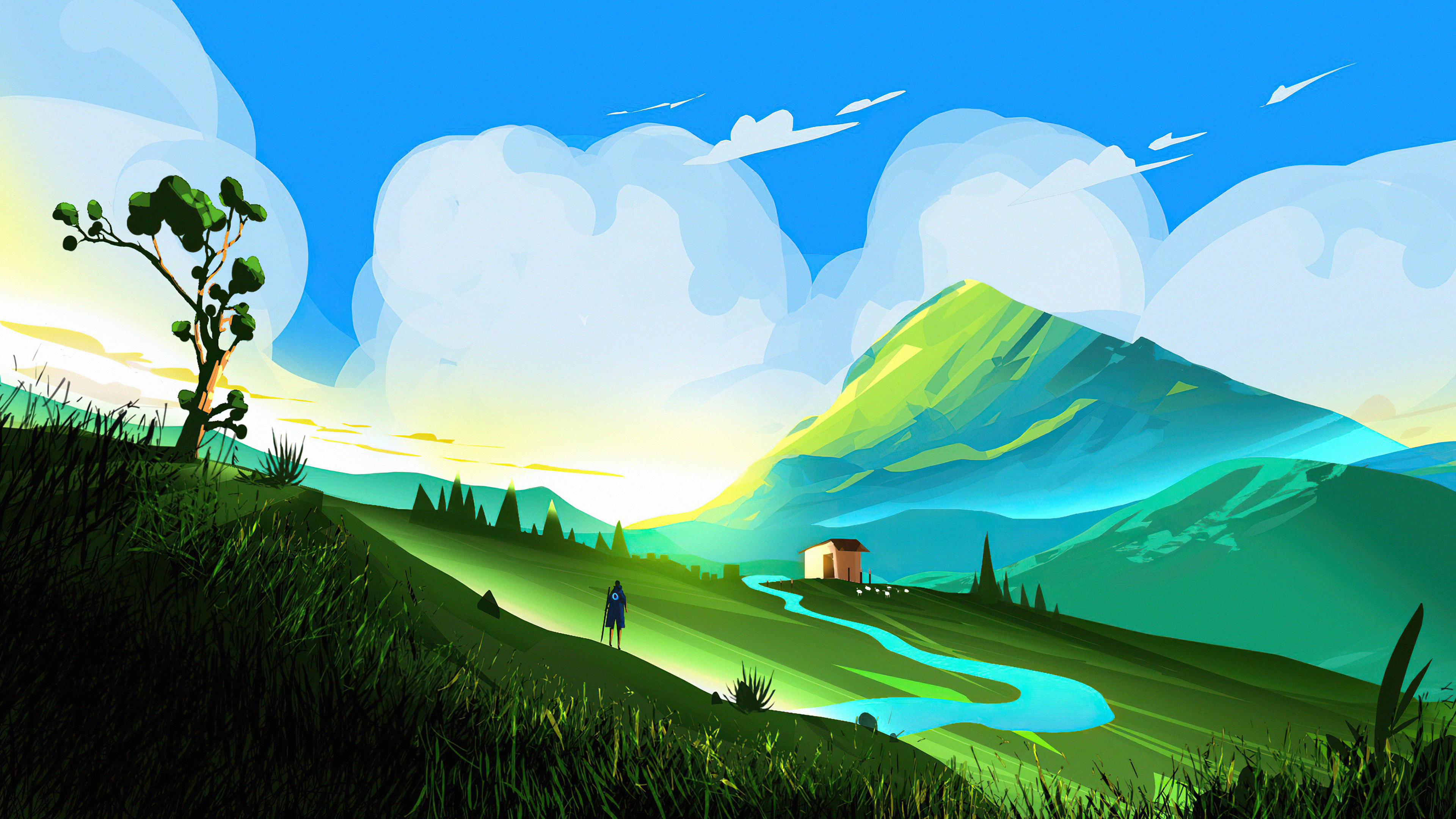 Digital Artwork of a Mountain Landscape HD Wallpaper