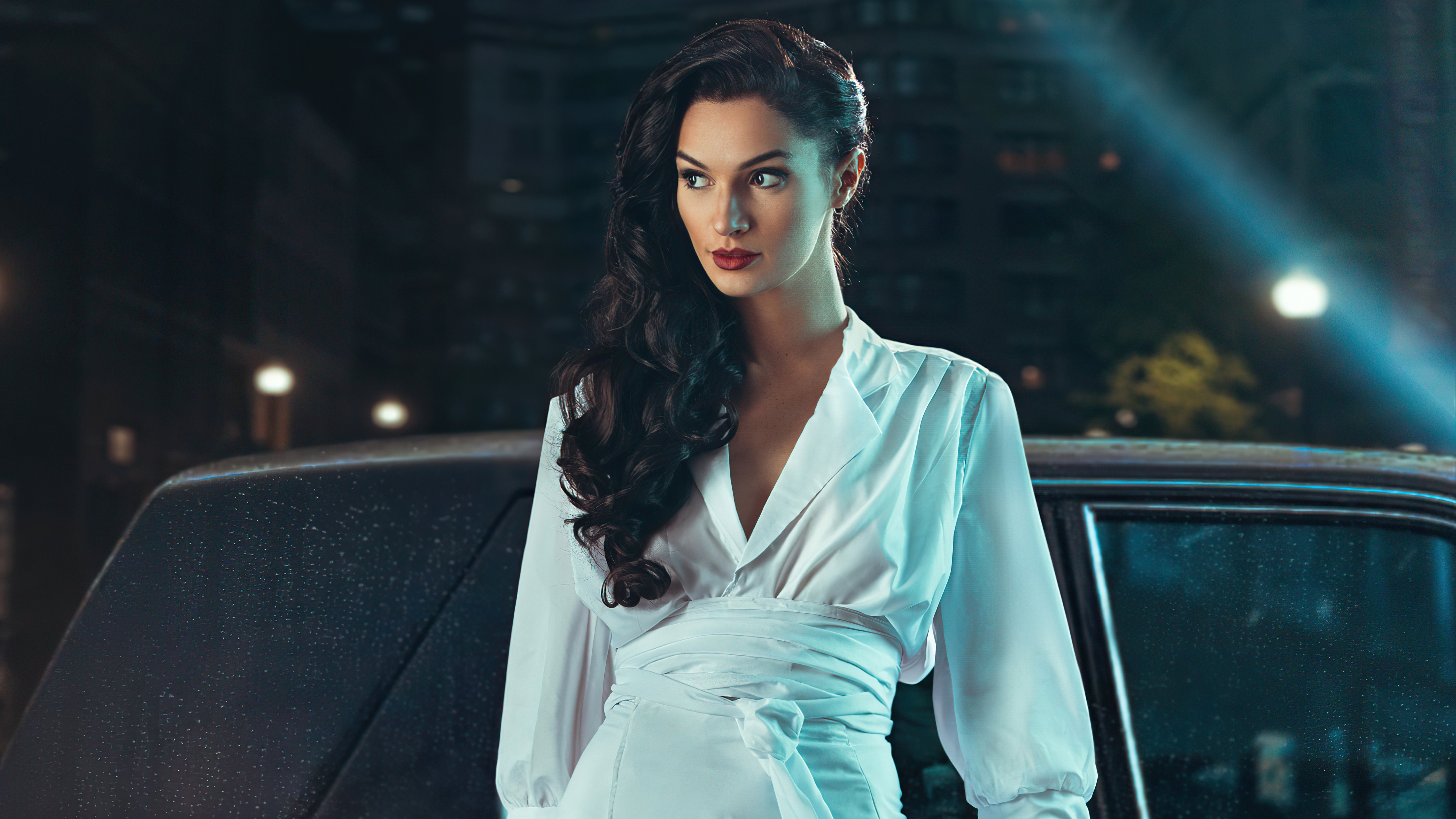 Wonder Woman in white dress by a car at night HD Wallpaper