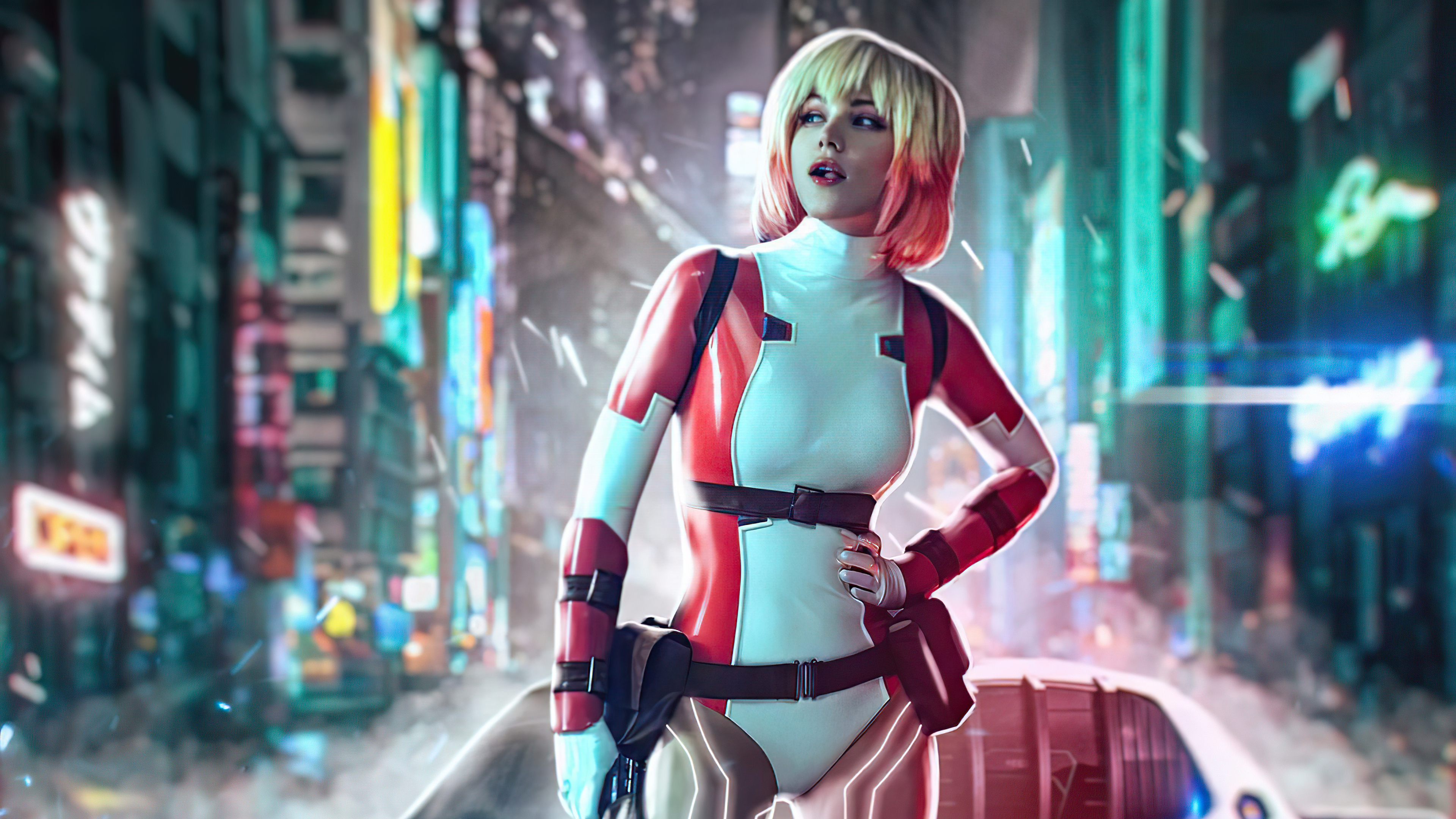 Cyberpunk woman in red and white suit in neon city HD Wallpaper