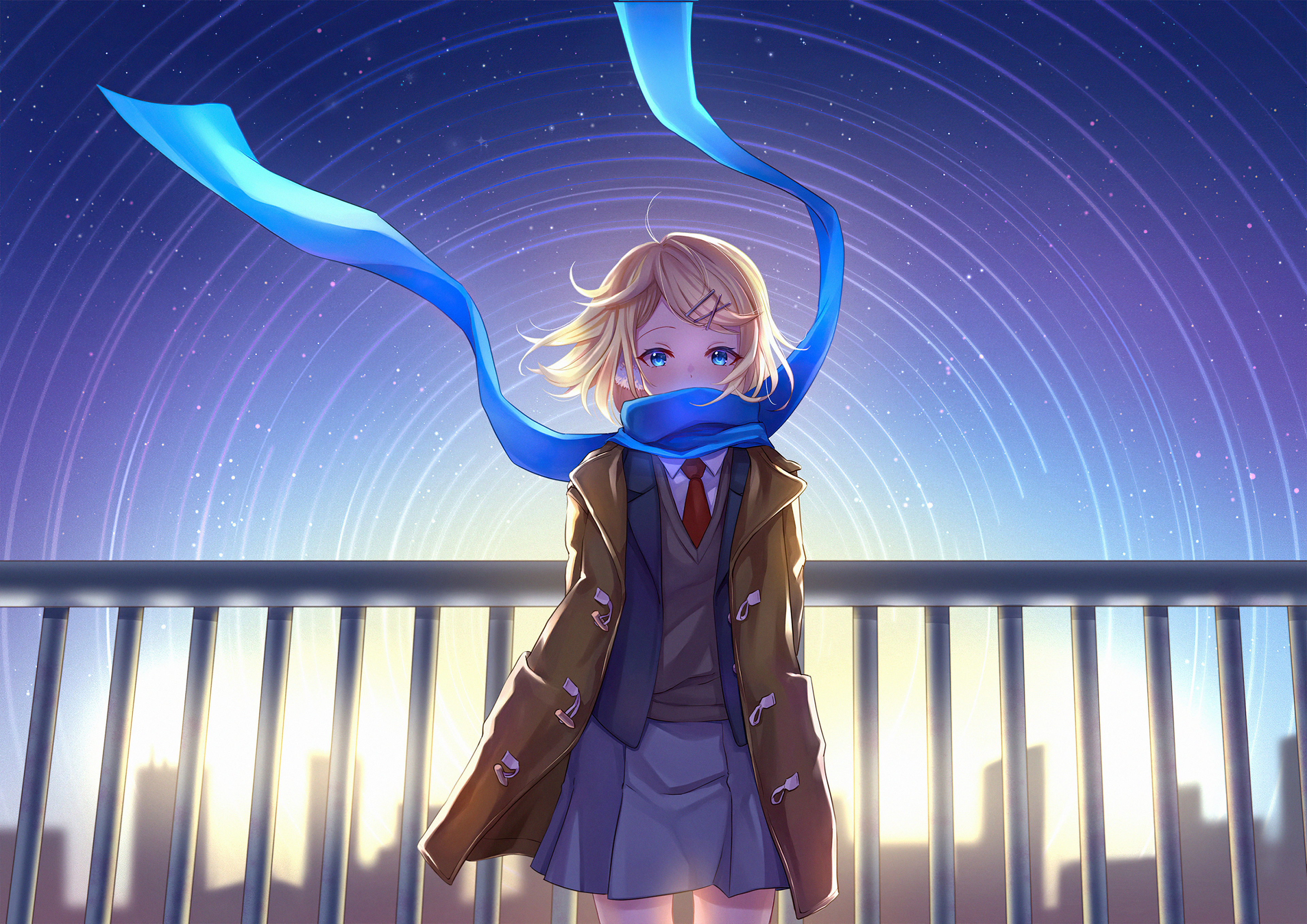 Anime girl with blue scarf and star trails HD Wallpaper