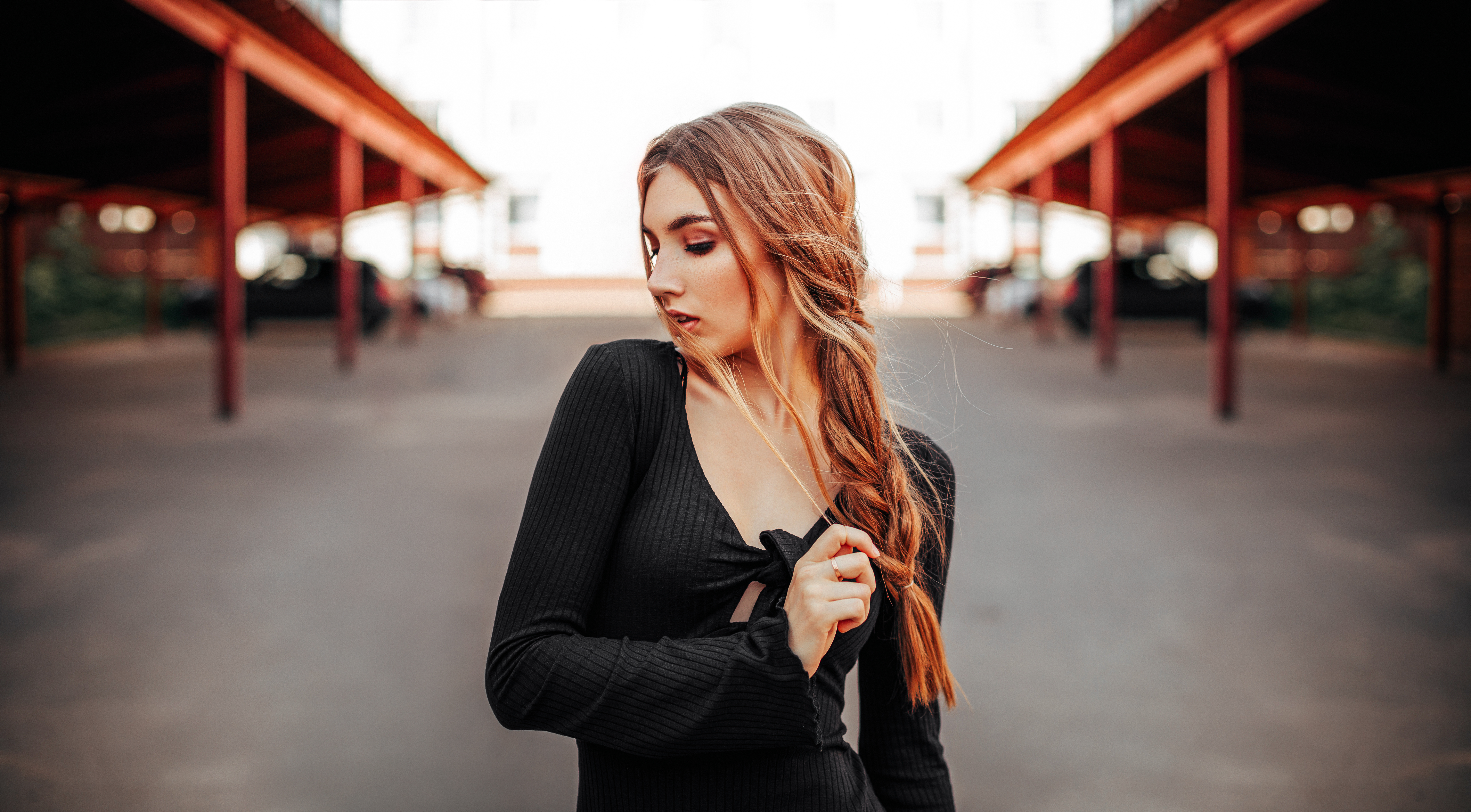 Woman in black dress with braided hair HD Wallpaper