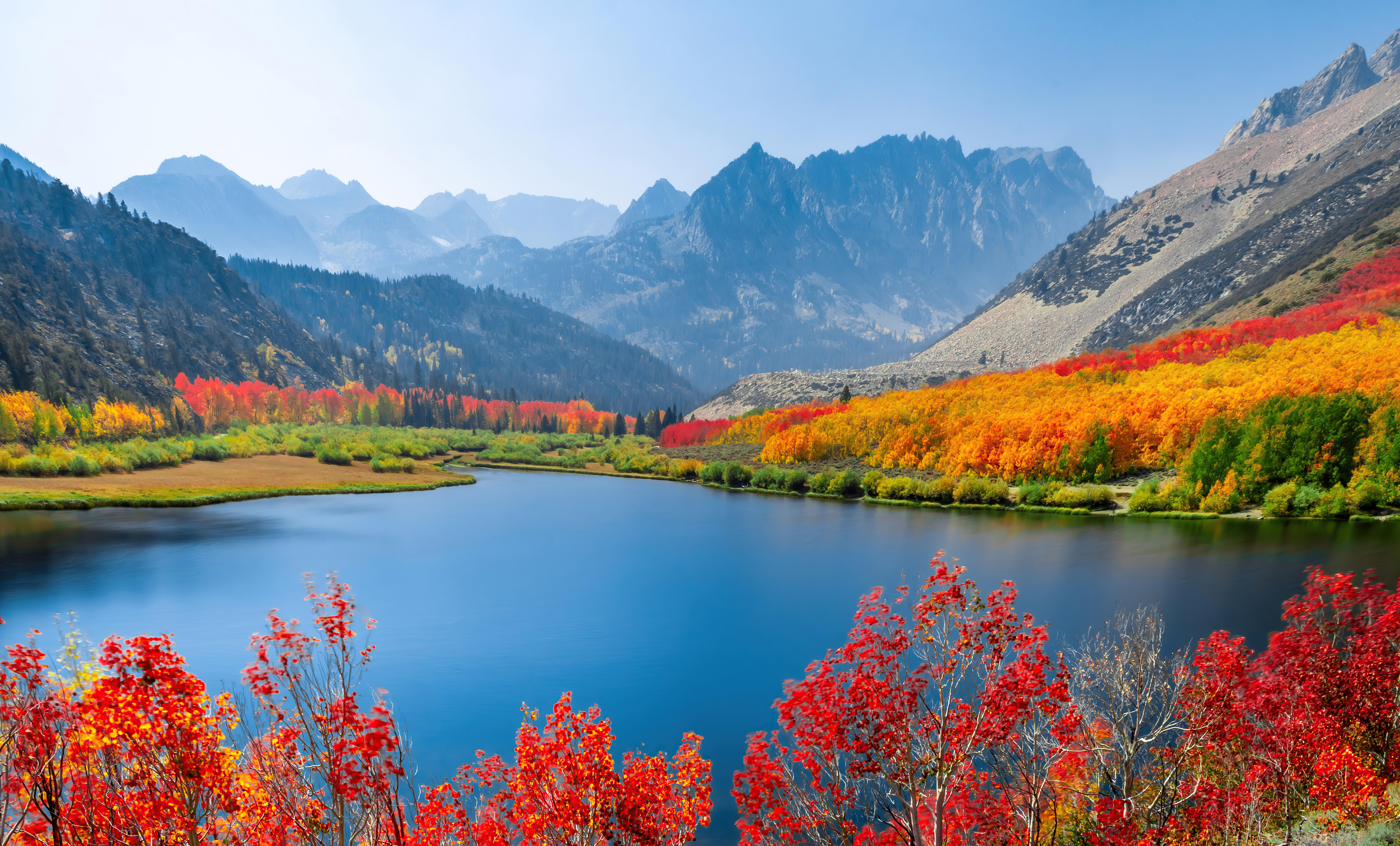 Autumn lake with colorful trees and mountains HD Wallpaper