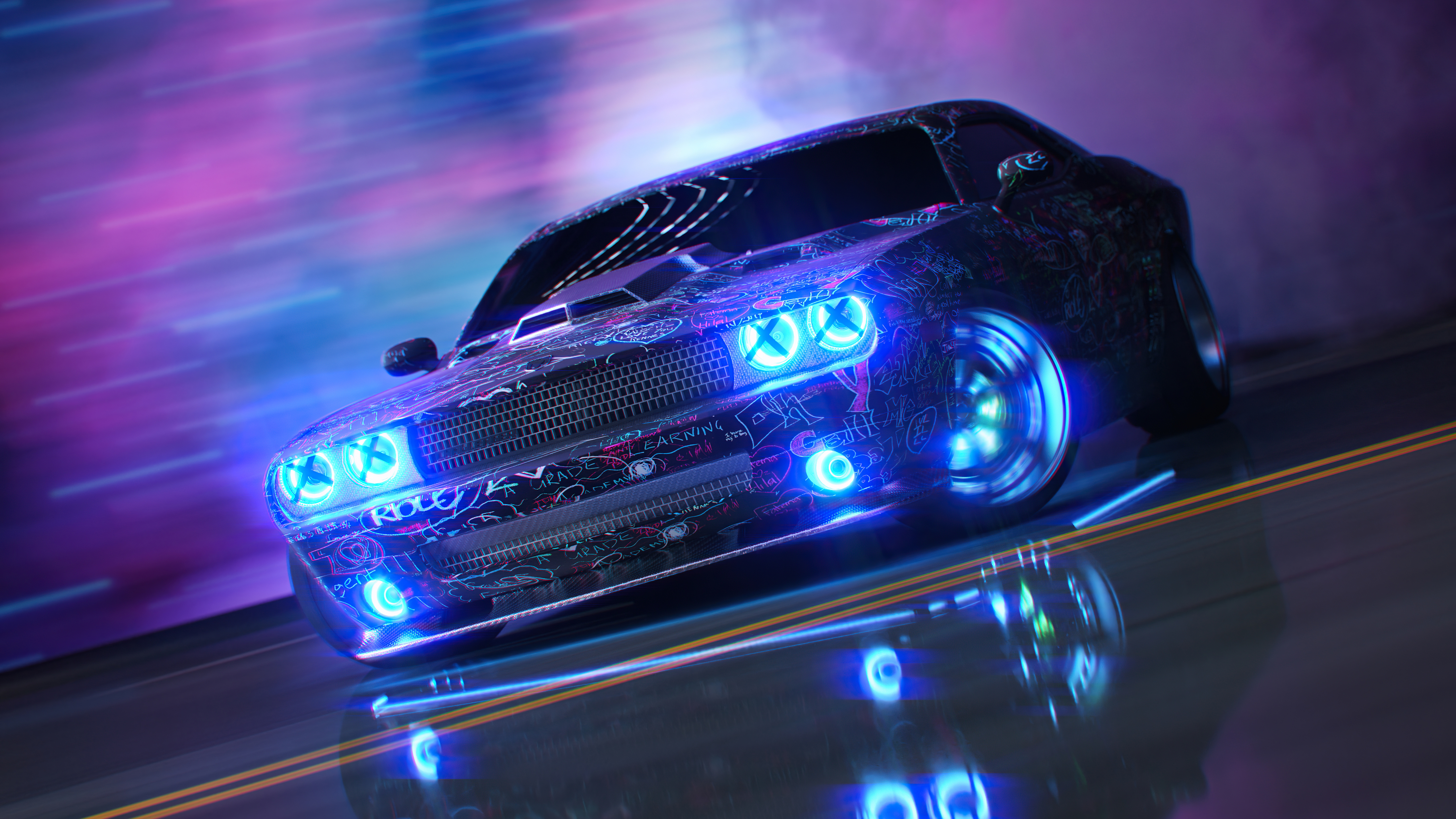 Dodge Challenger with Neon Lights on Road HD Wallpaper