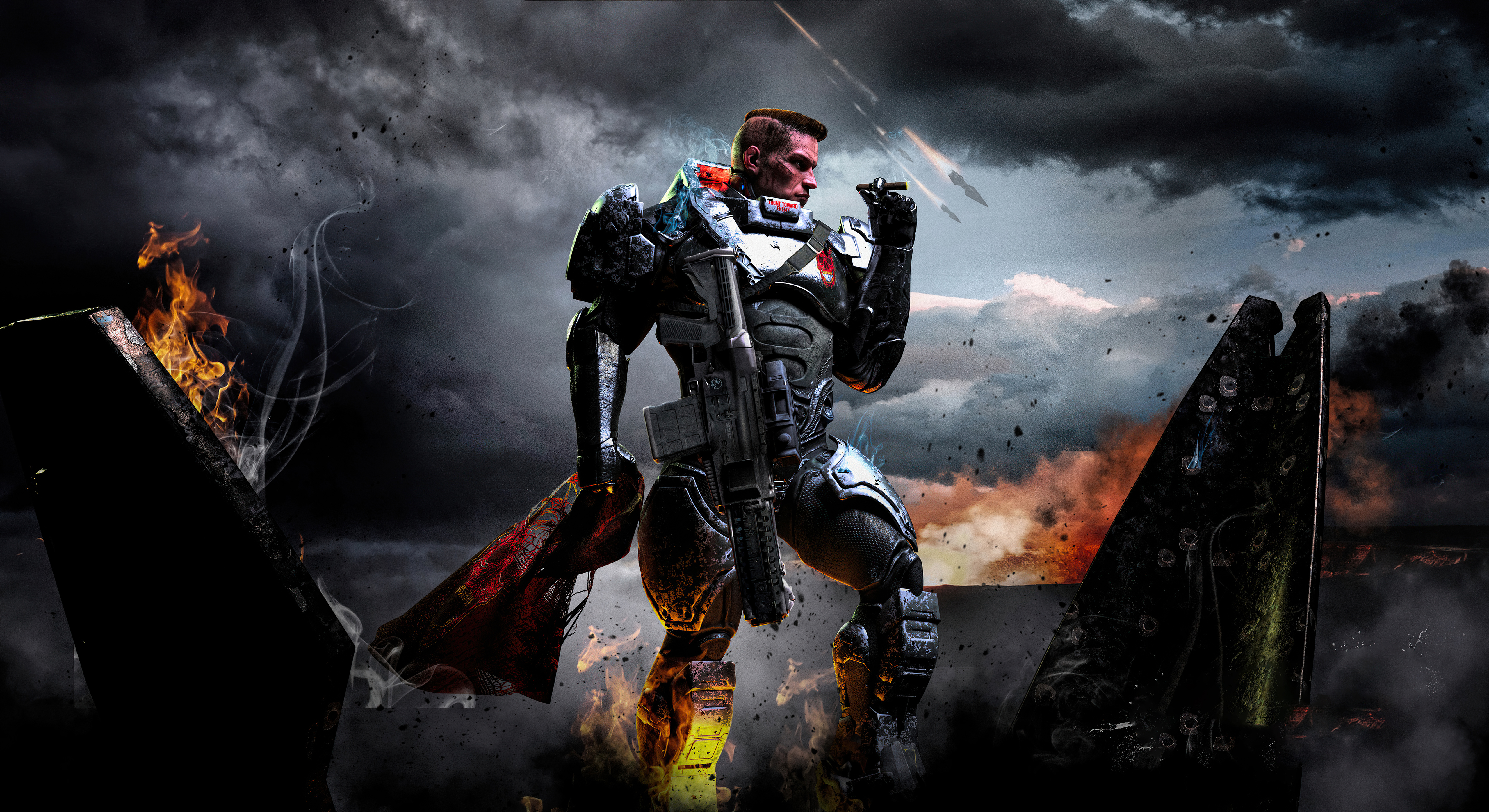 Soldier in armor with a rifle in a fiery battlefield HD Wallpaper