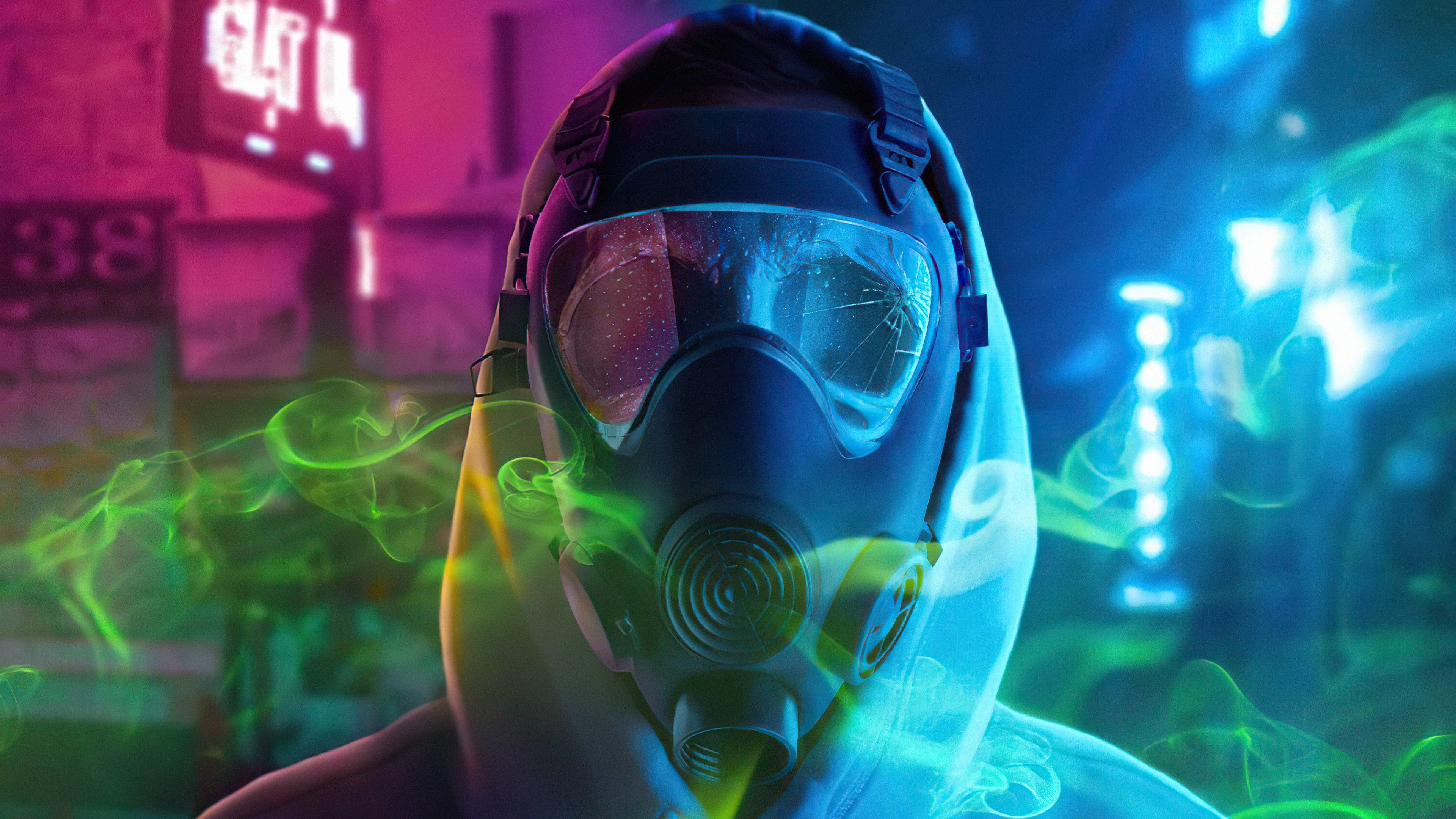 Person wearing a gas mask and hood in a neon city HD Wallpaper