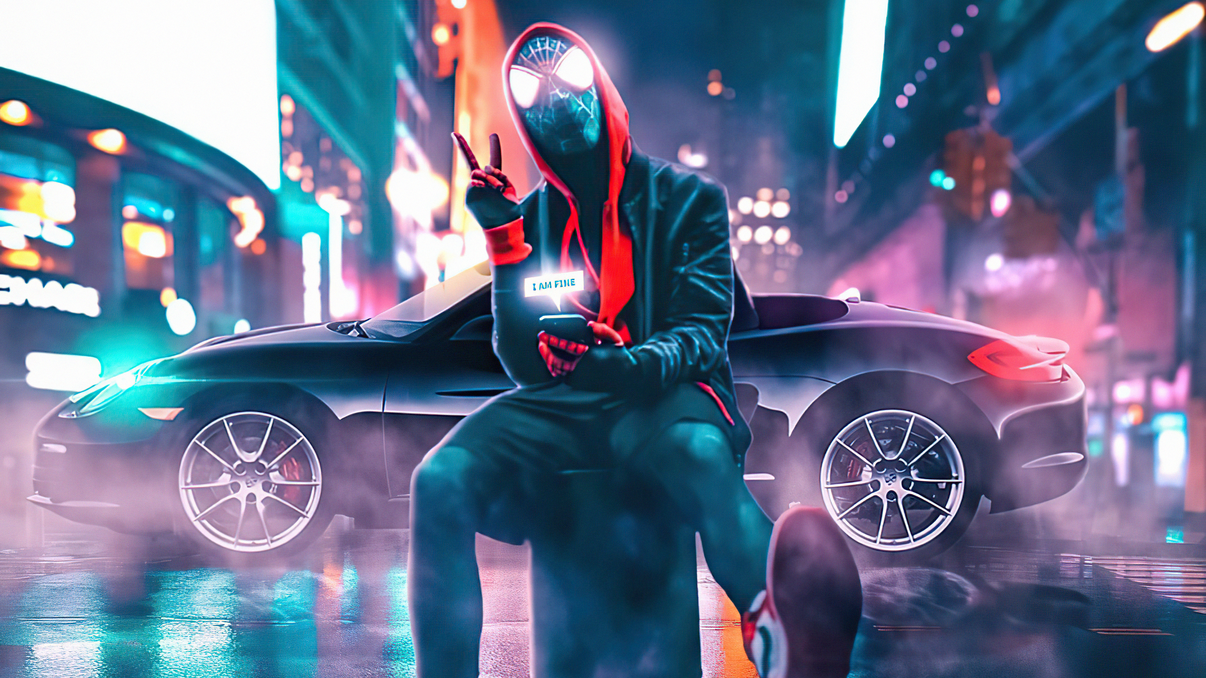 Spiderman from Marvel sitting on a car at night HD Wallpaper
