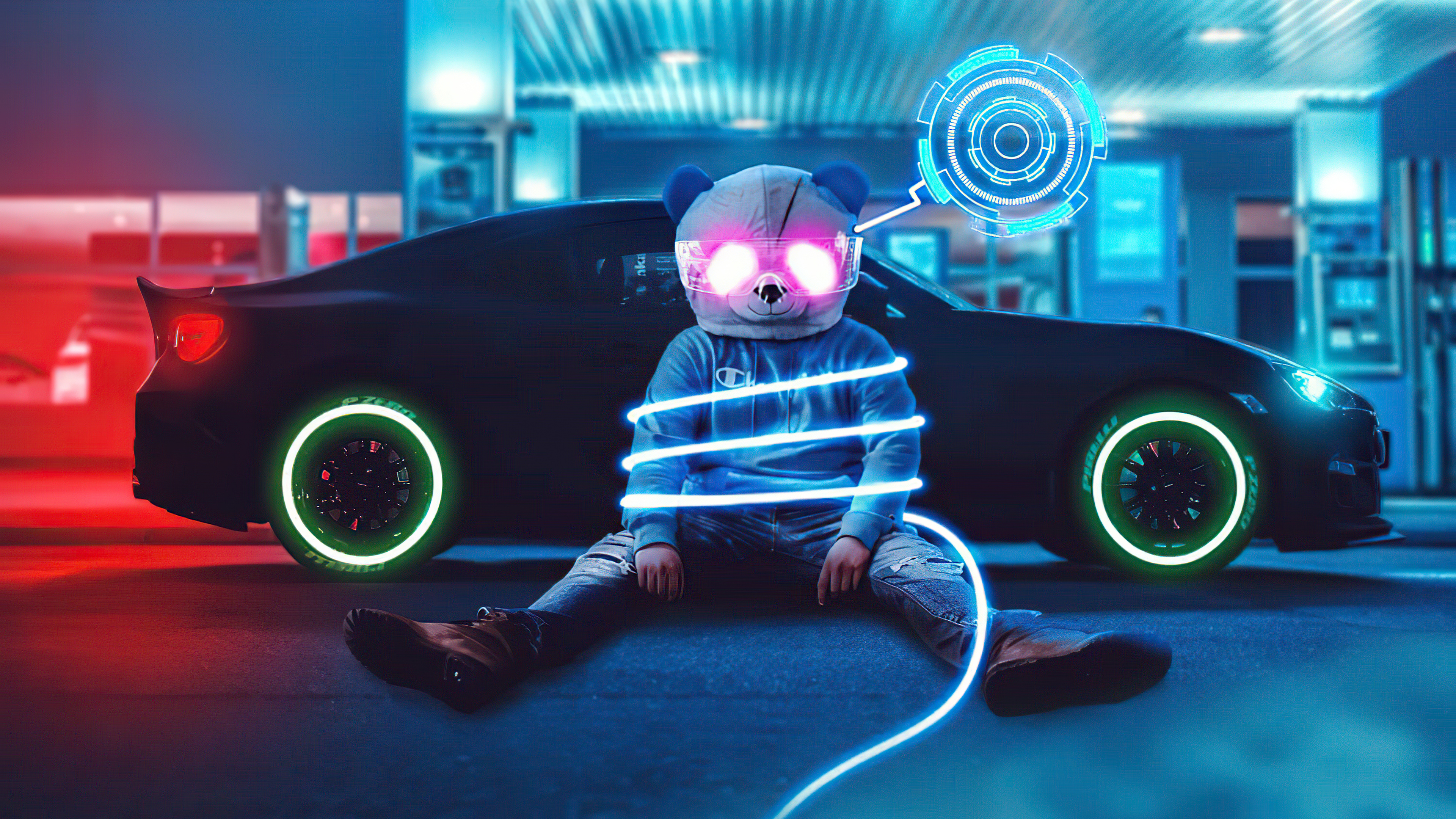 Panda character with neon lights and car HD Wallpaper