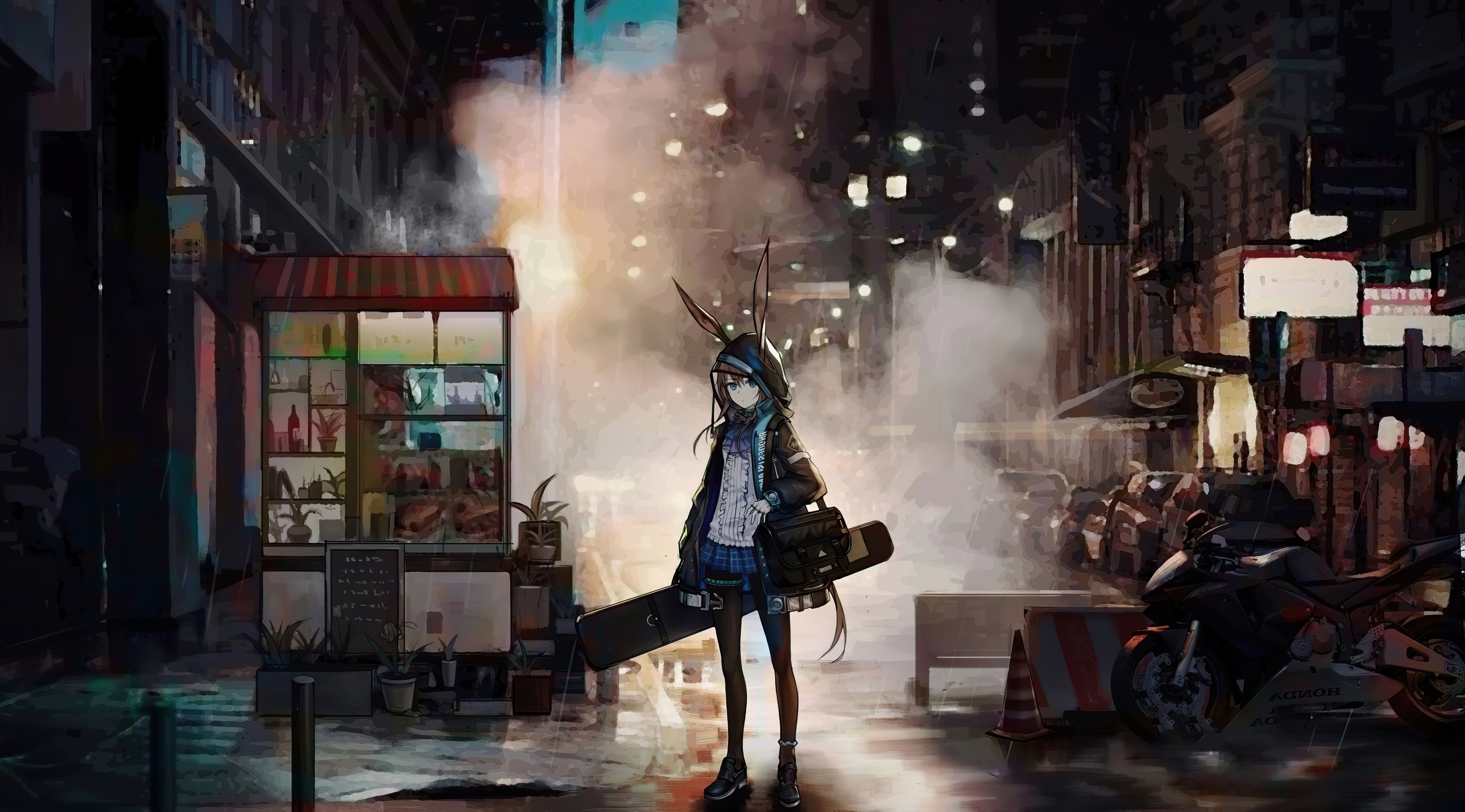 Anime girl with bunny ears in a city at night HD Wallpaper