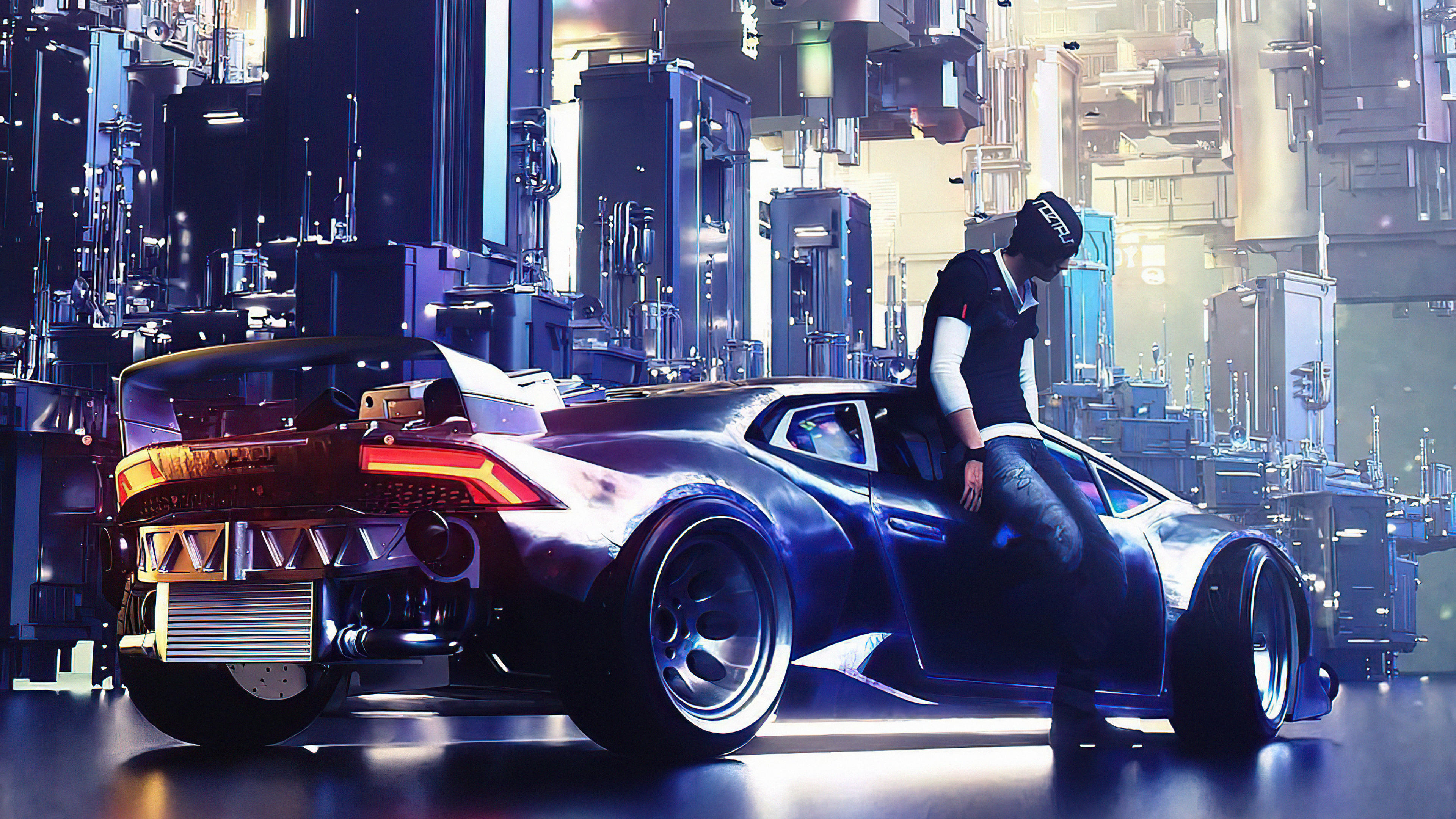 Man leaning on a futuristic Lamborghini in a cyberpunk city HD Wallpaper