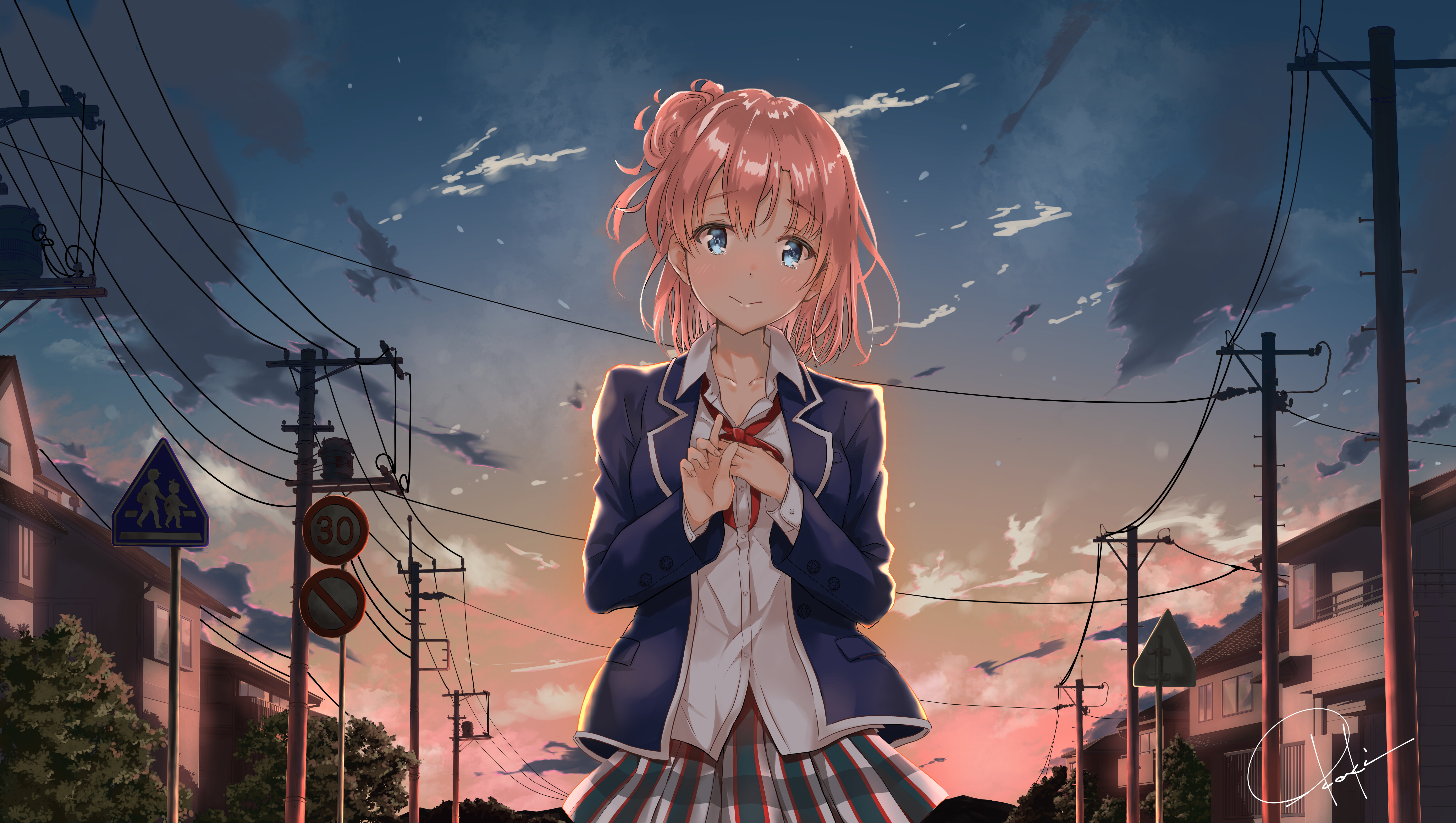 Anime girl in school uniform standing on a street at sunset HD Wallpaper