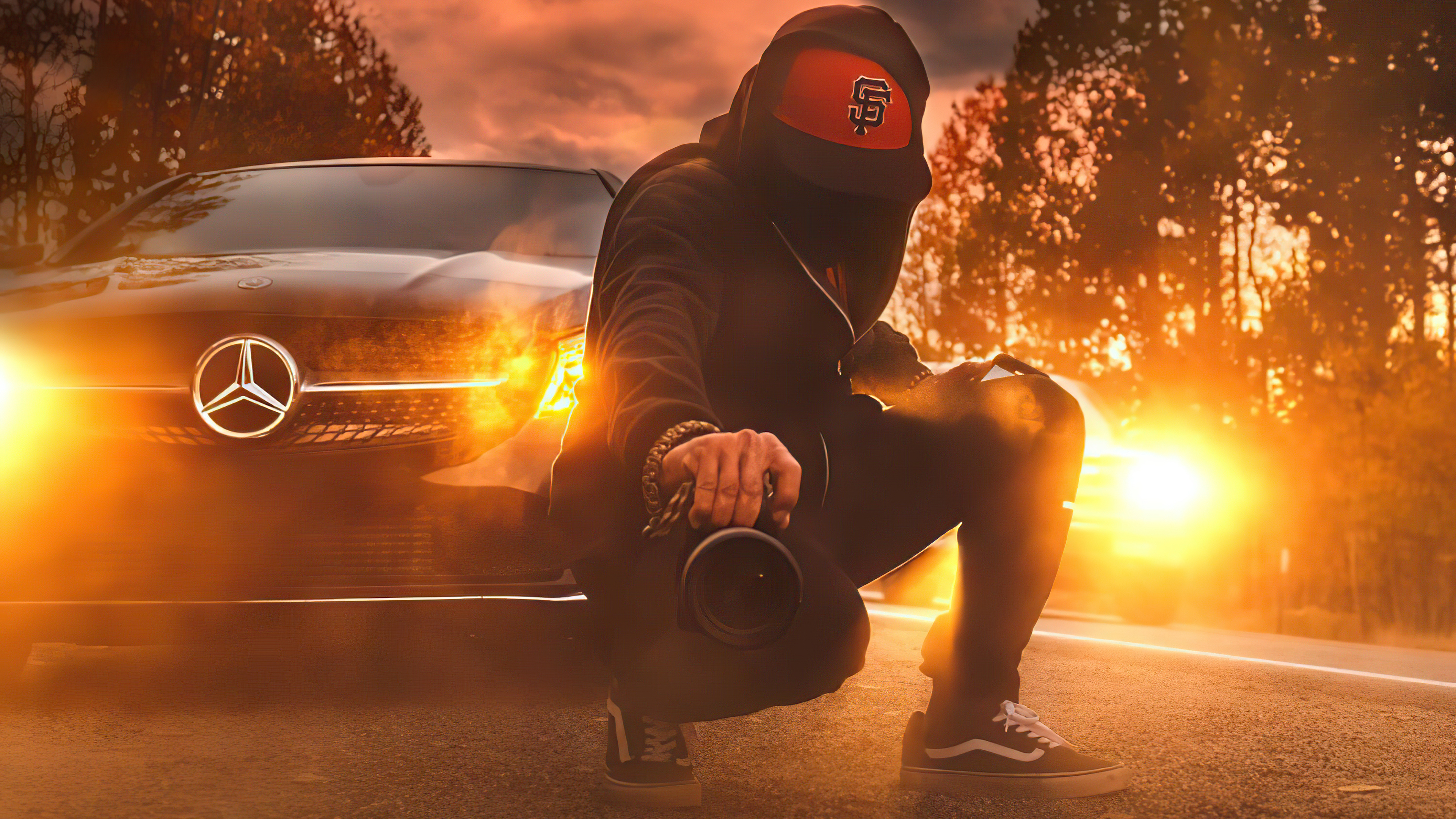 Man with camera and Mercedes-Benz car at sunset HD Wallpaper