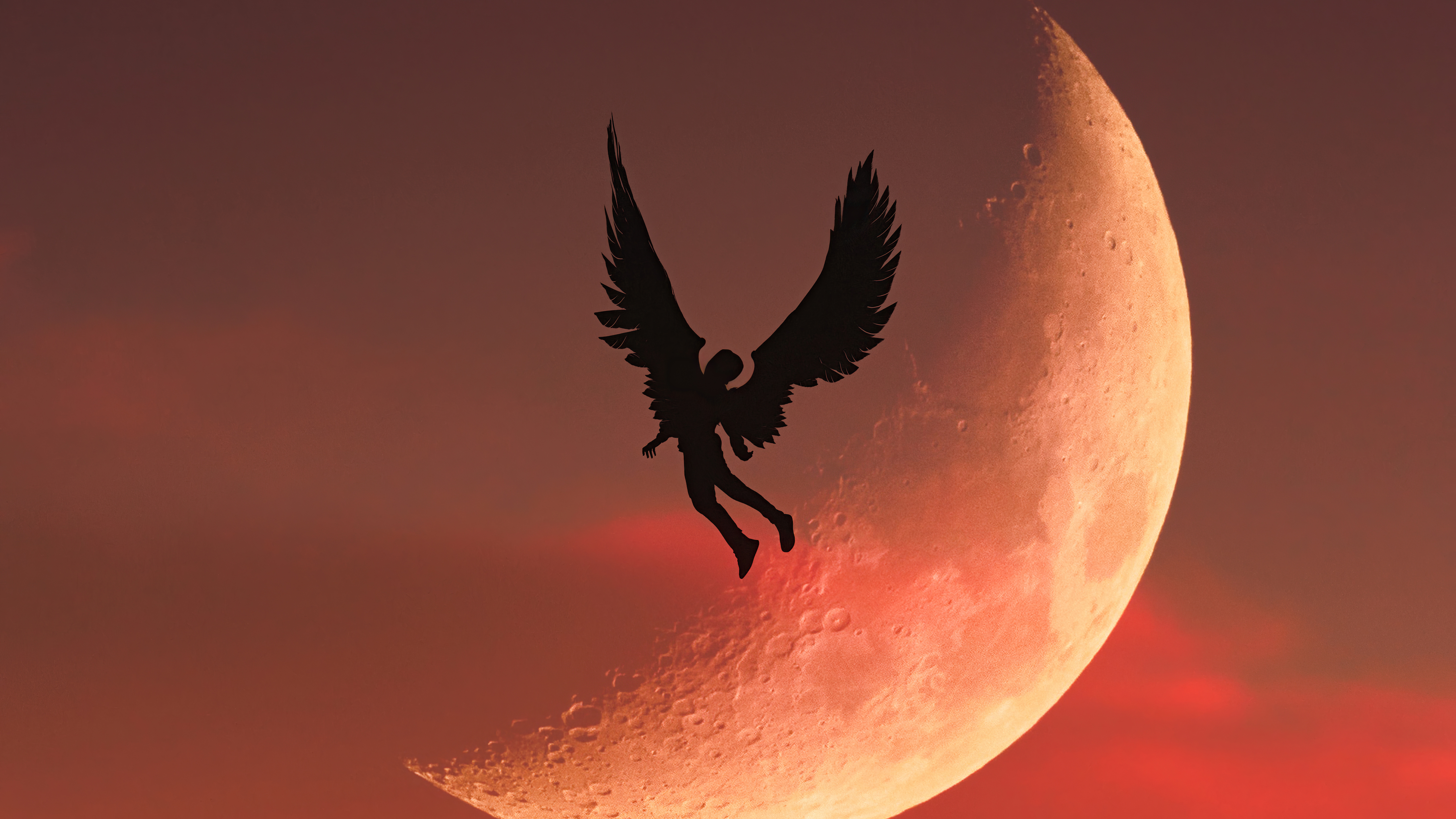 Silhouette of an angel with wings flying near a crescent moon HD Wallpaper