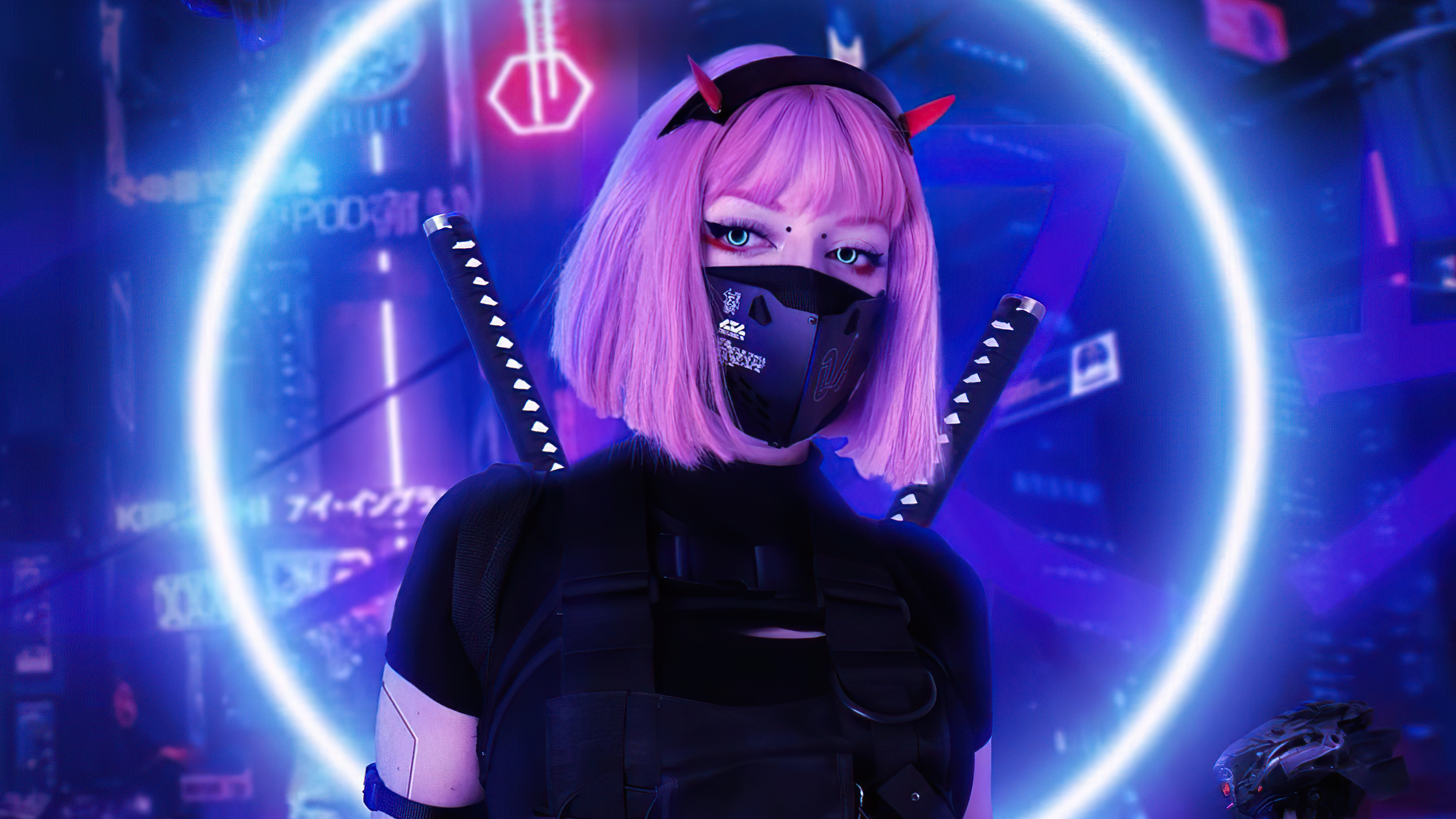 Cyberpunk girl with pink hair and swords HD Wallpaper