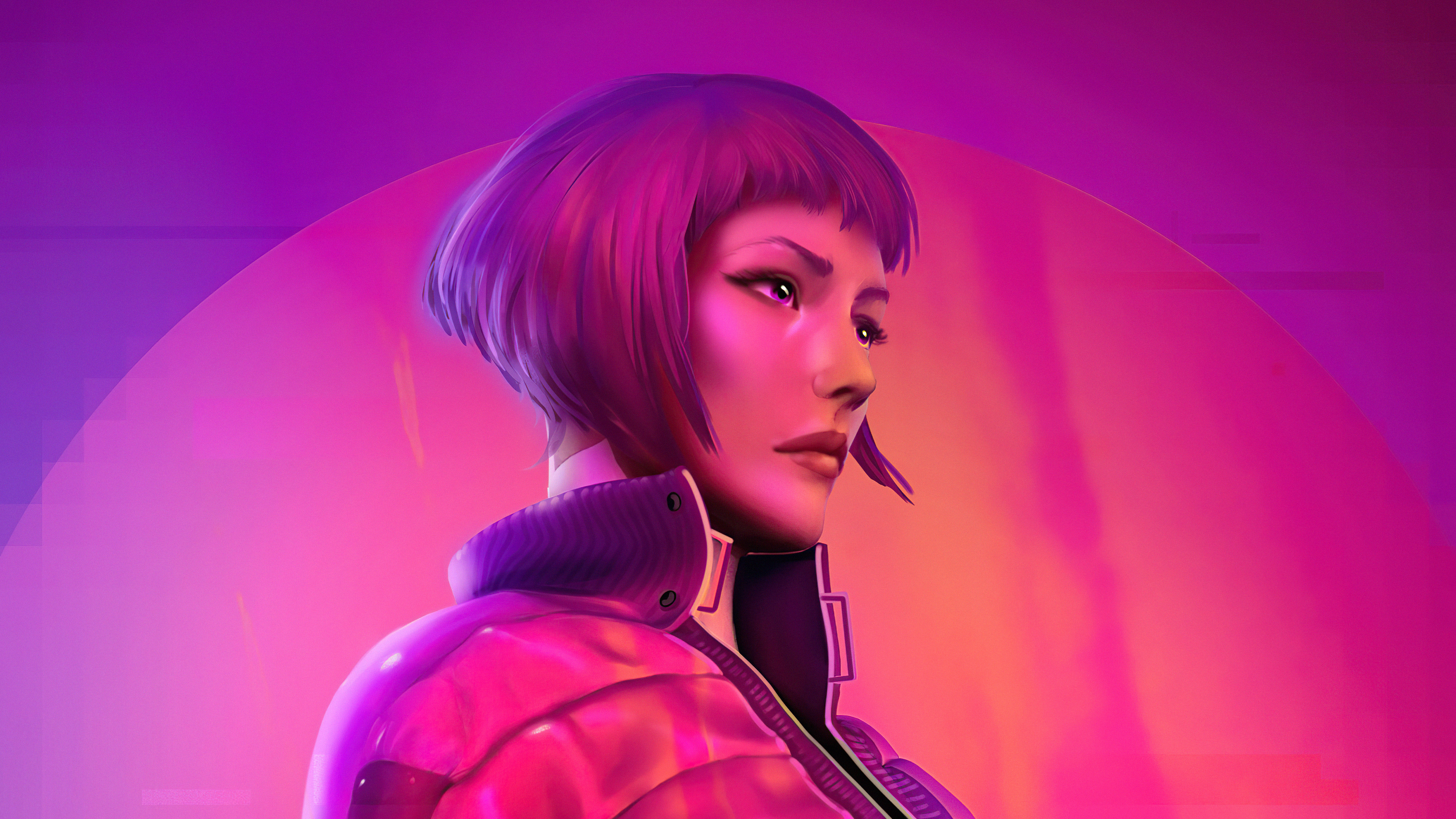 Cyberpunk woman in pink and purple lighting HD Wallpaper