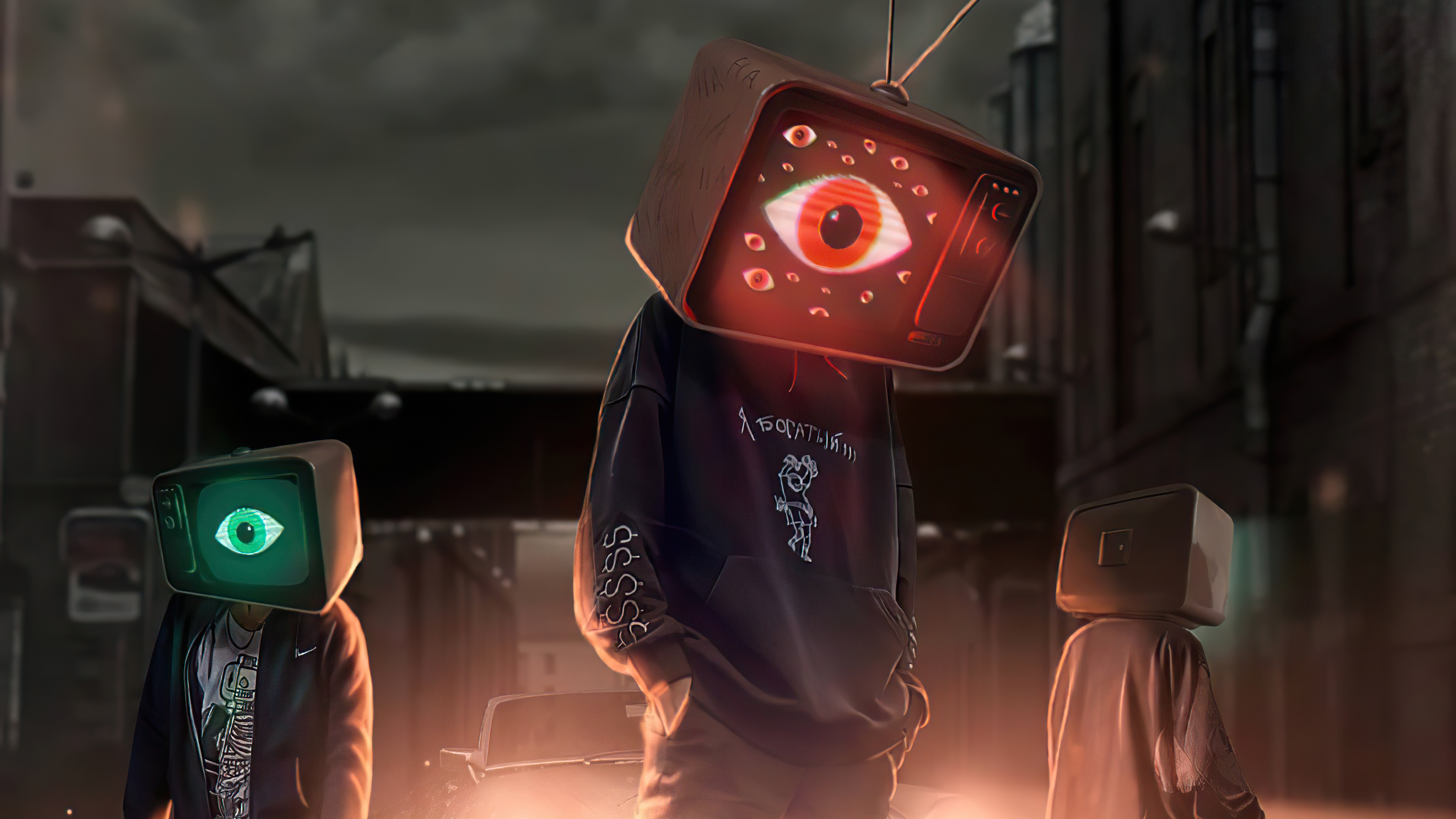 Three figures with television heads in a city HD Wallpaper